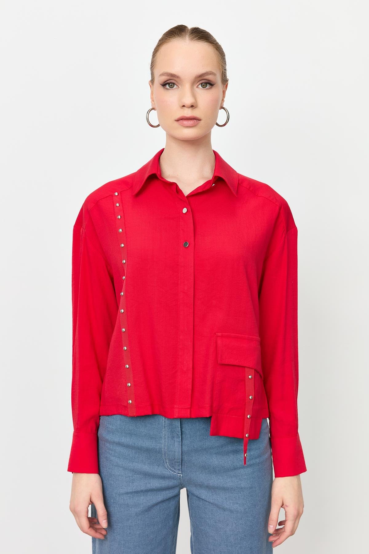 Zımba Şerit Detaylı Gömlek-KIRMIZI