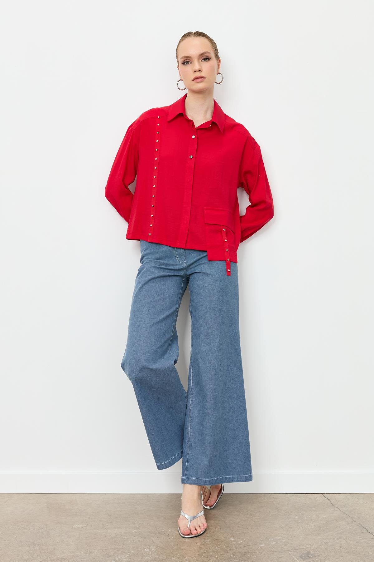 Zımba Şerit Detaylı Gömlek-KIRMIZI