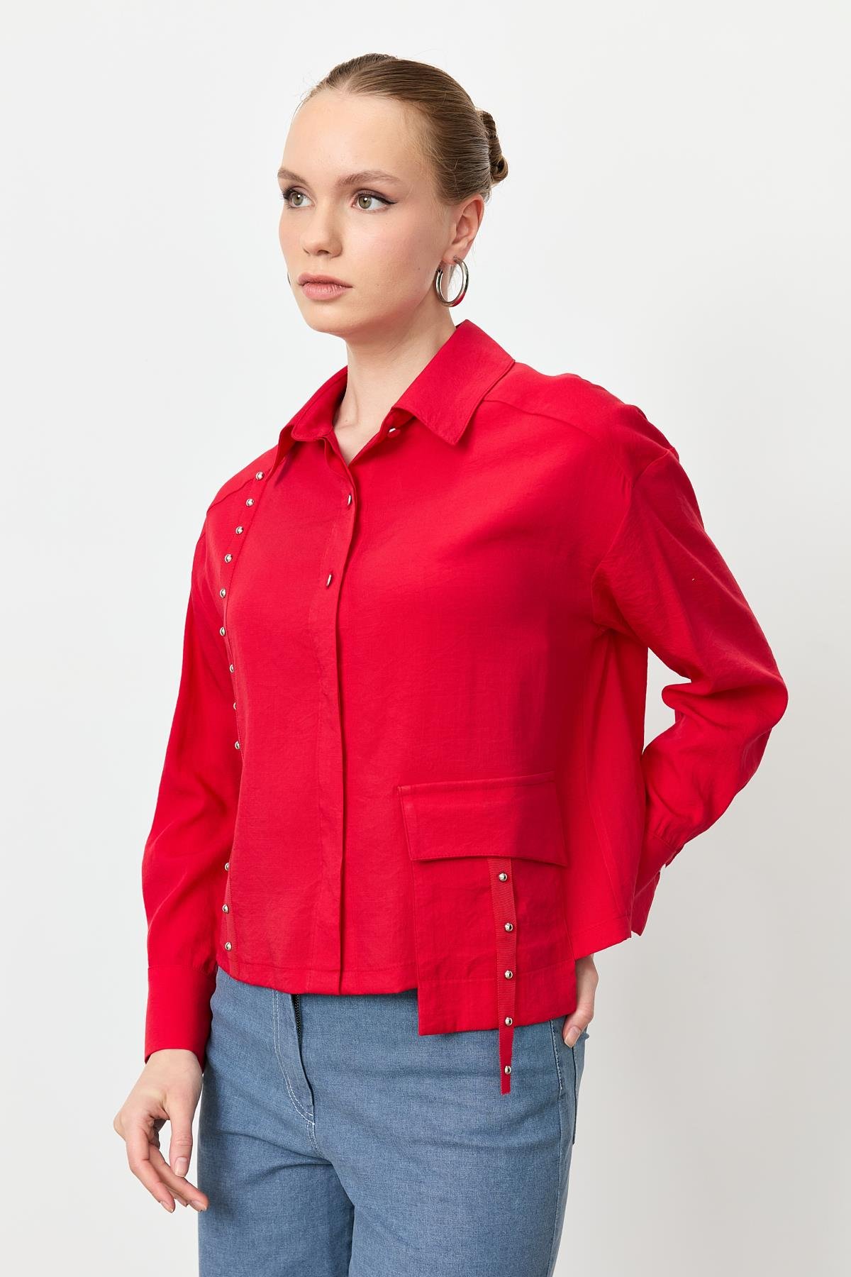 Zımba Şerit Detaylı Gömlek-KIRMIZI