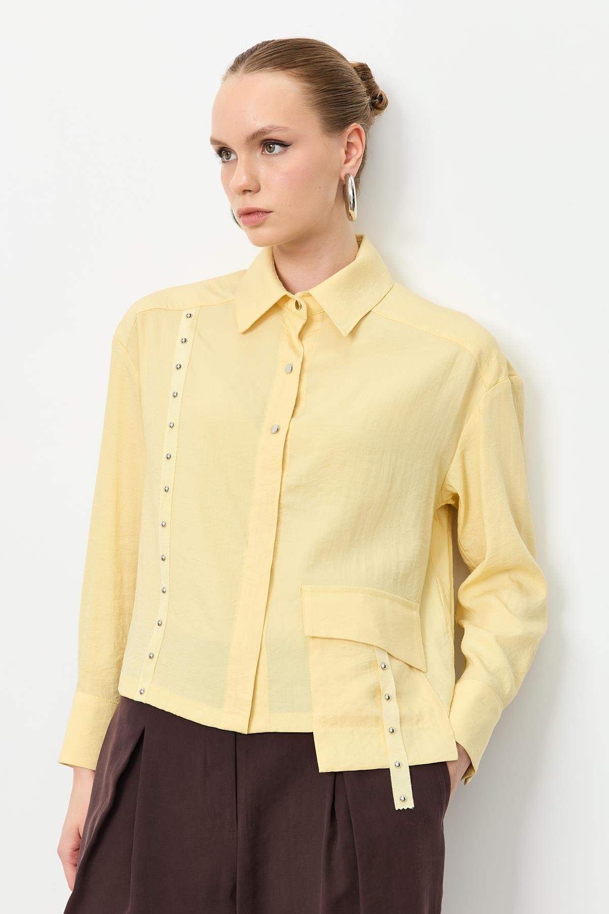 Zımba Şerit Detaylı Gömlek-SARI