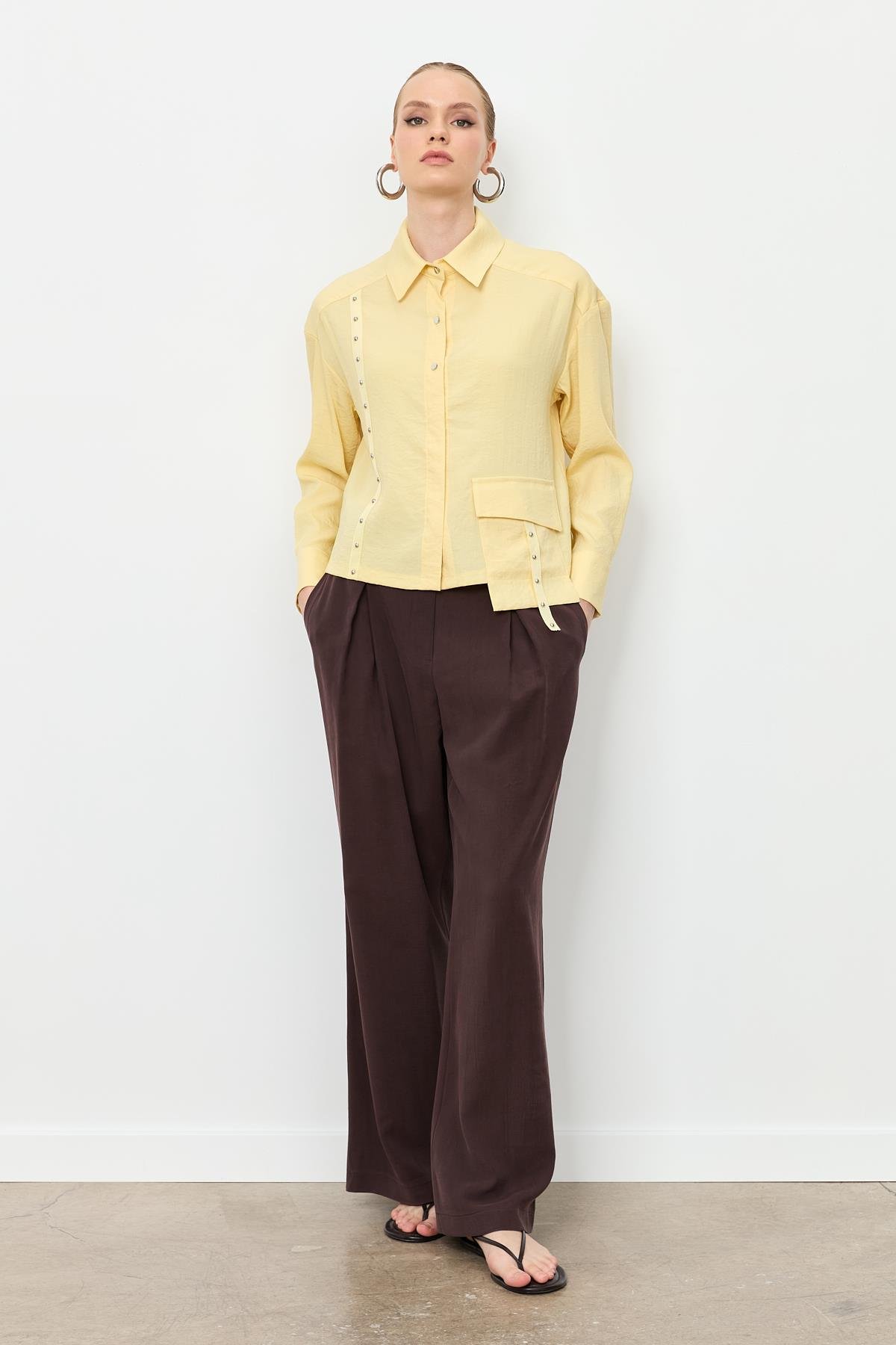 Zımba Şerit Detaylı Gömlek-SARI