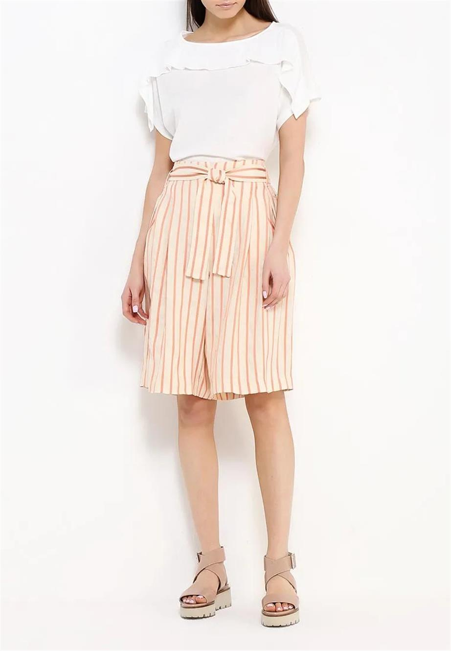 Escada  Kuşaklı Çizgi Desenli Orta Boy Turuncu Keten Karışımı Şort