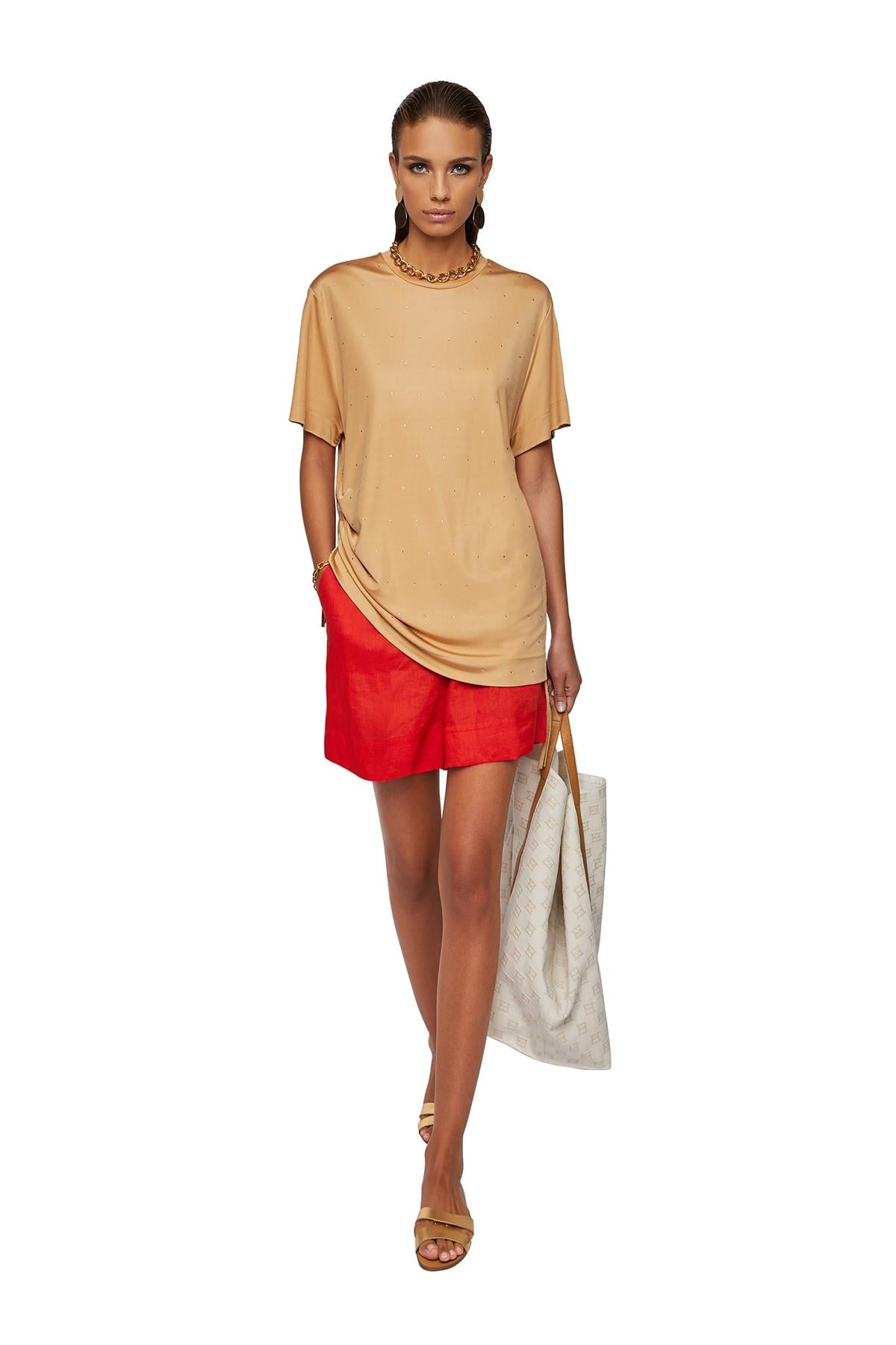 Escada  Swarovski Taşlı Yanları Büzgülü Bisiklet Yaka Karamel T-shirt