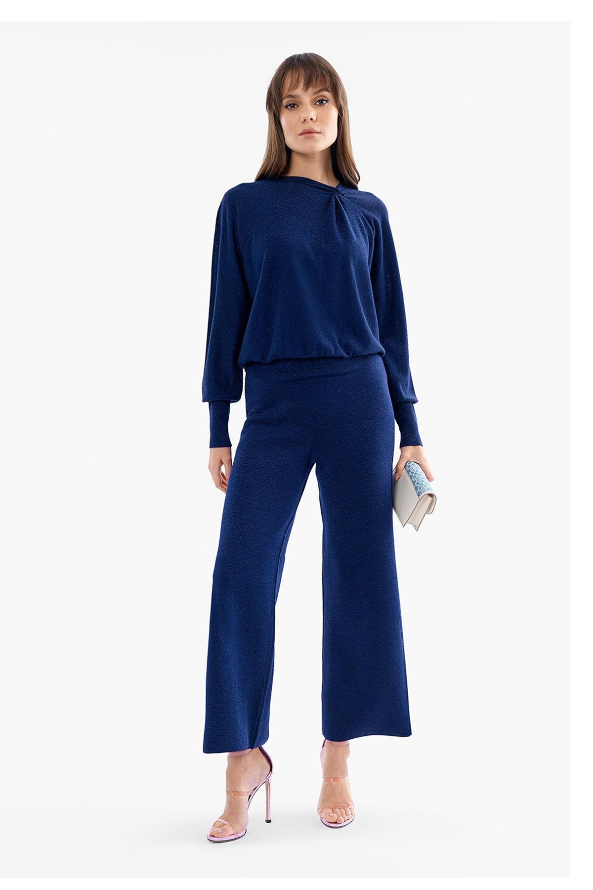Escada  Beli Lastikli Bol Paça Simli Lacivert Yün ve Kaşmir Pantolon