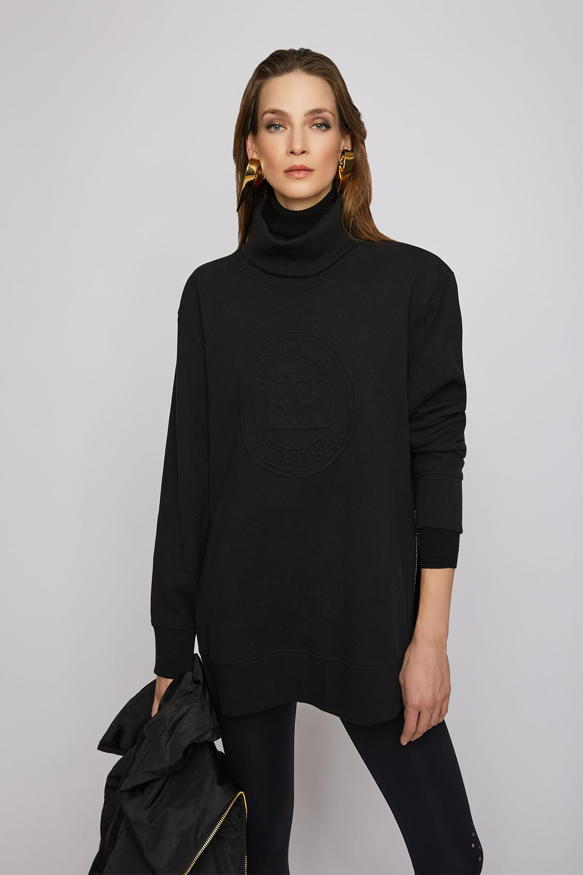 Escada  Degrade Yaka Logolu Fermuar Detaylı Siyah Pamuklu Sweatshirt