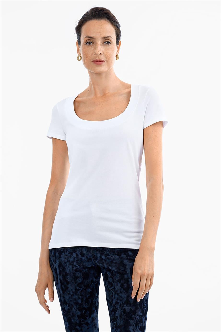 Escada  U Yaka Pamuklu Beyaz Basic T-shirt