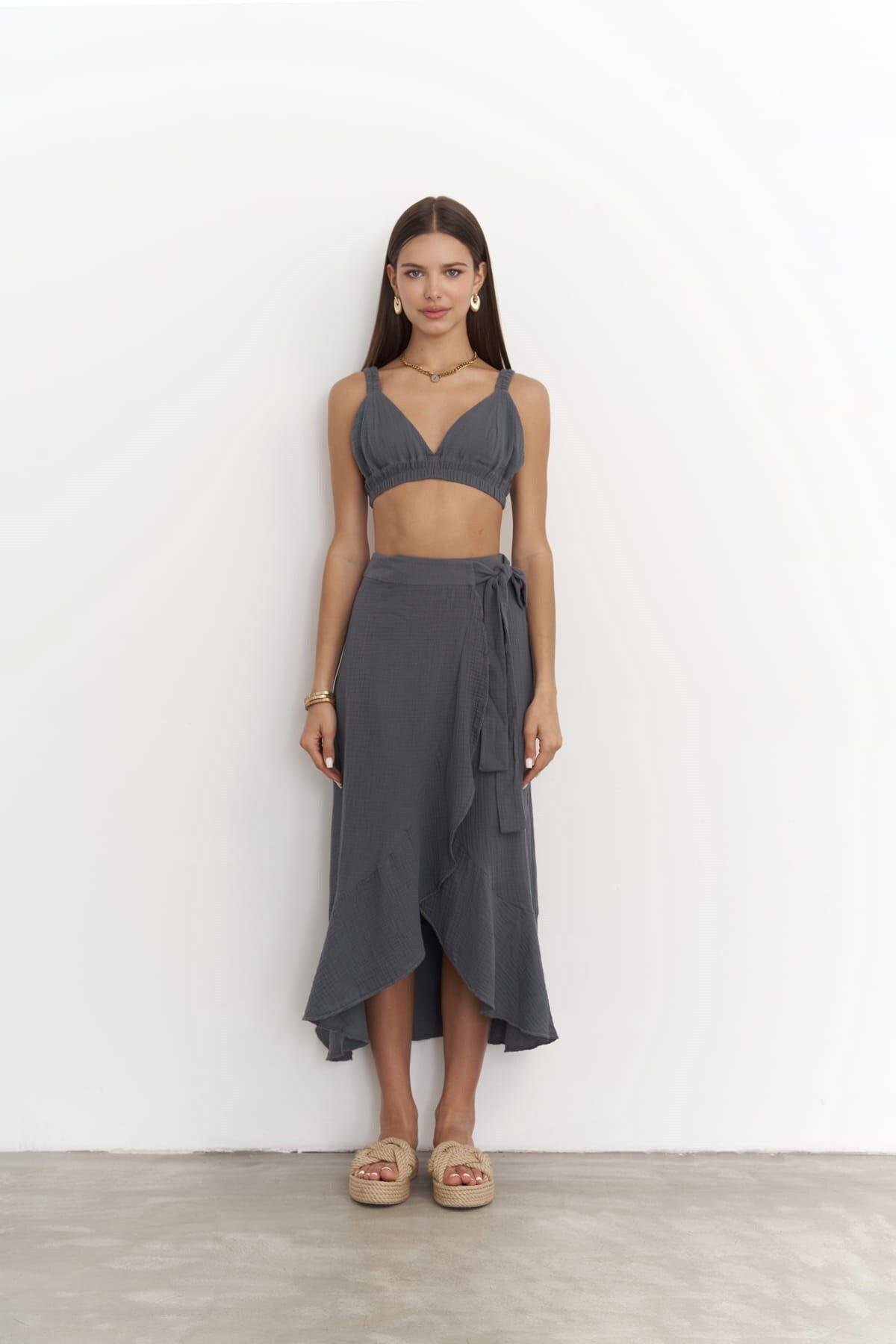 Bohemai Adelina Anthracite Muslin Crop-Skirt Set