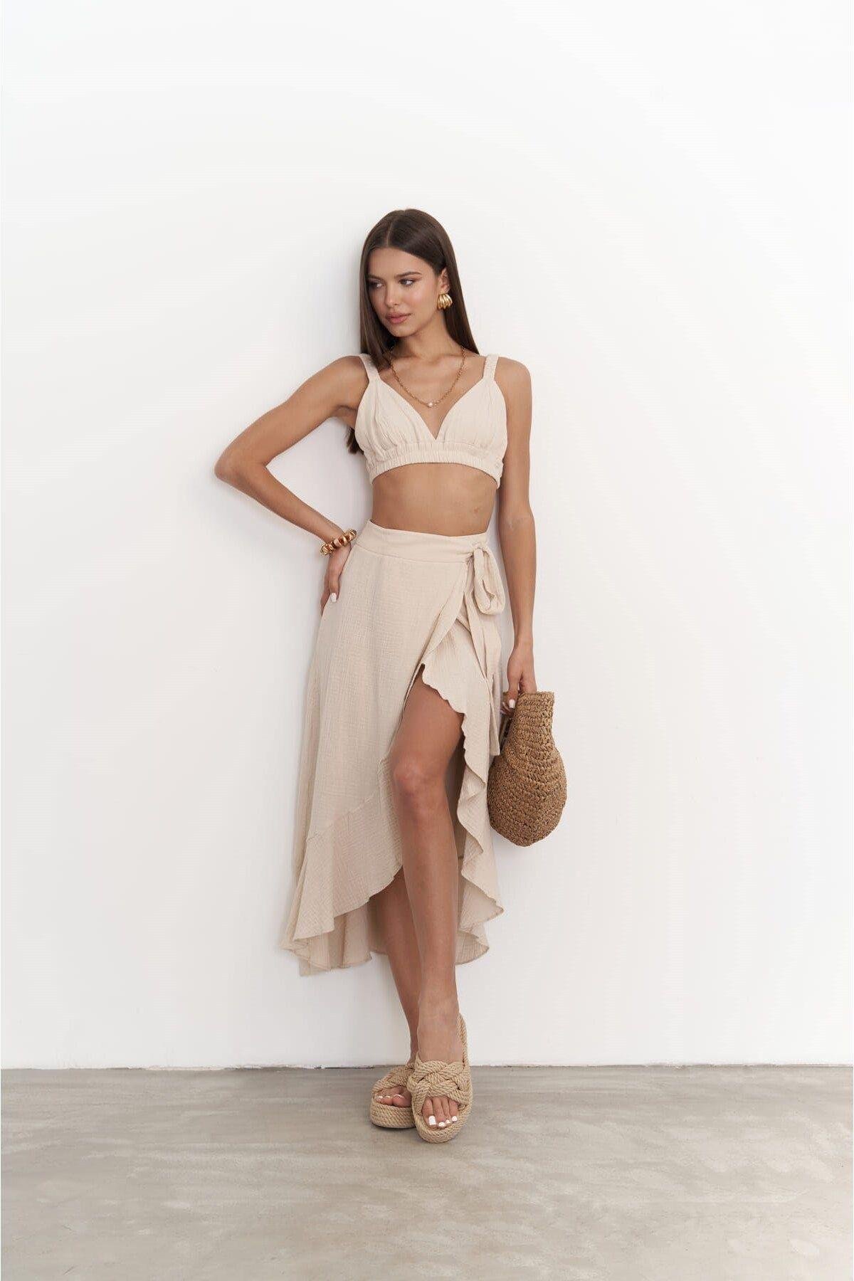 Bohemai Adelina Dark Beige Muslin Crop-Skirt Set