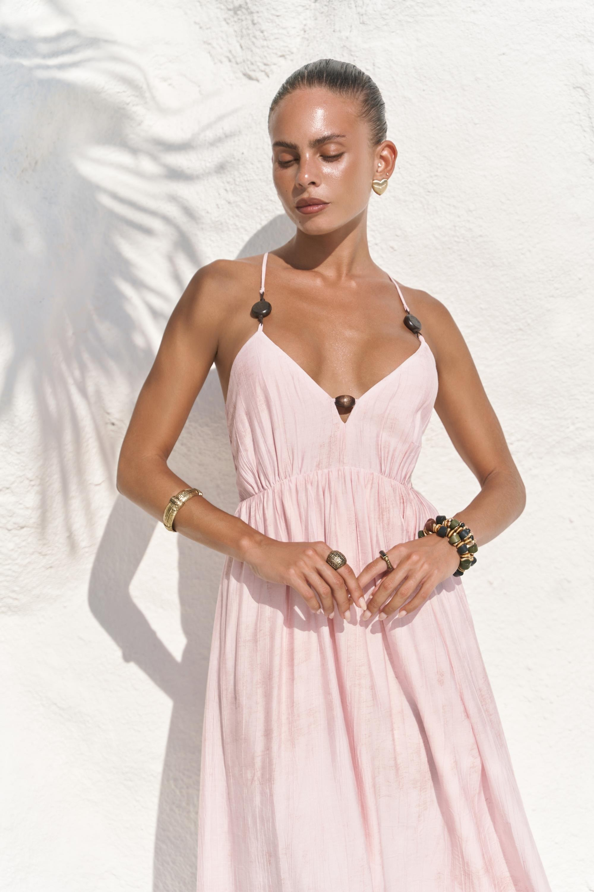 Aden Boncuk Detay Pembe Elbise