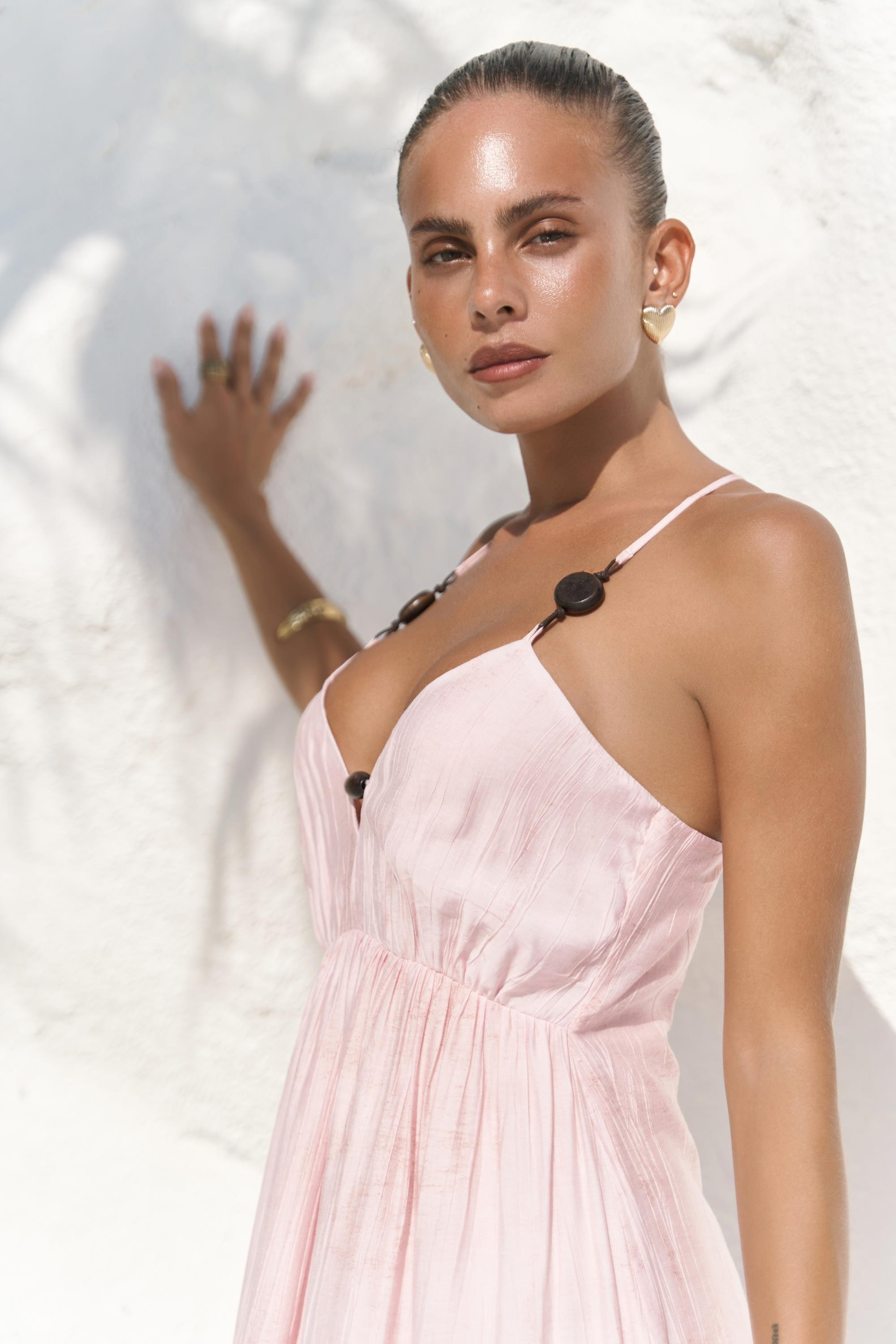 Aden Boncuk Detay Pembe Elbise