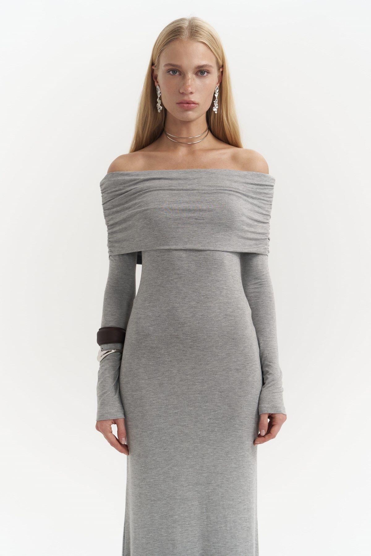 Afro Carmen Yaka Gri Uzun Elbise