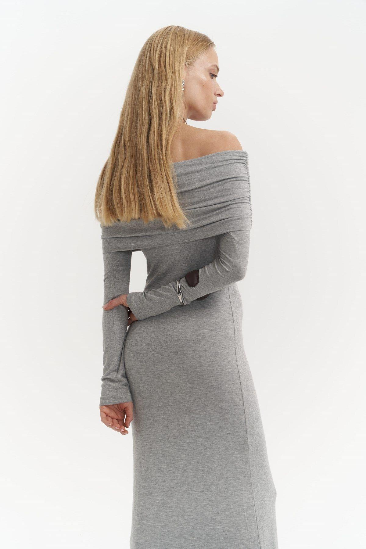 Afro Carmen Yaka Gri Uzun Elbise