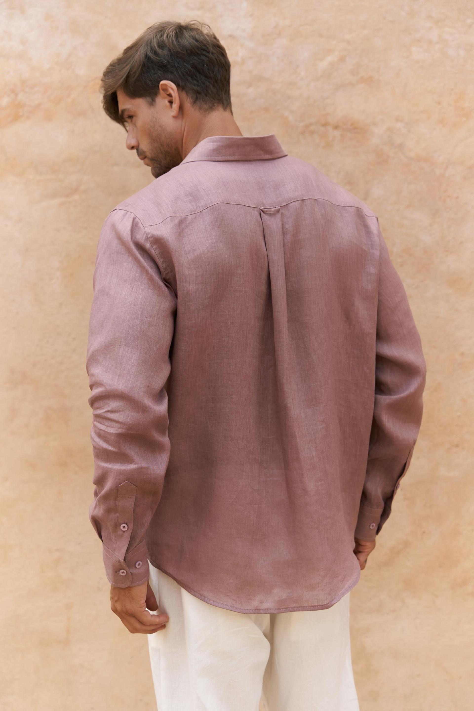 Agnola Oversize Erkek Açık Bordo Keten Gömlek 