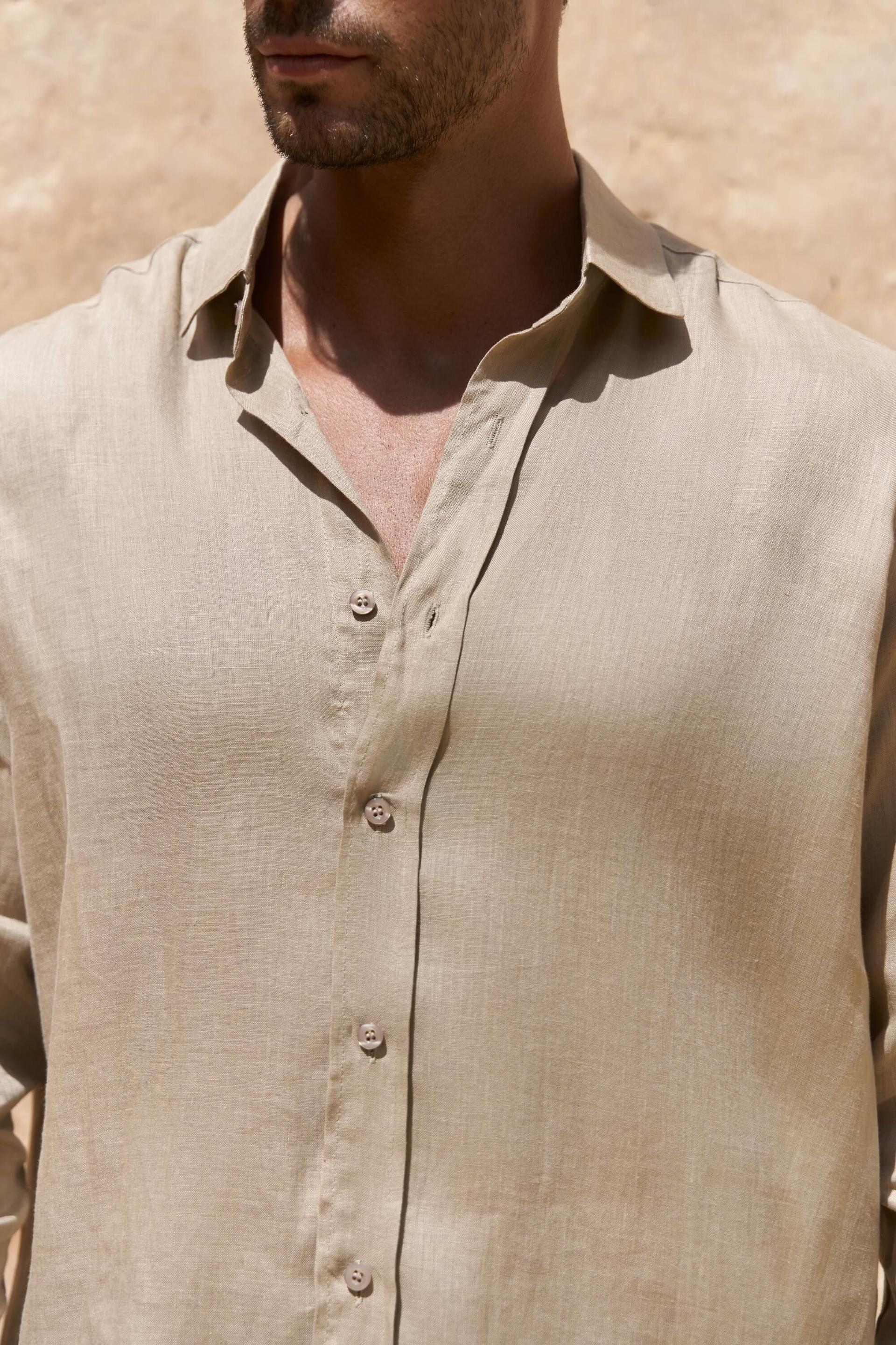 Agnola Oversize Erkek Bej Keten Gömlek 