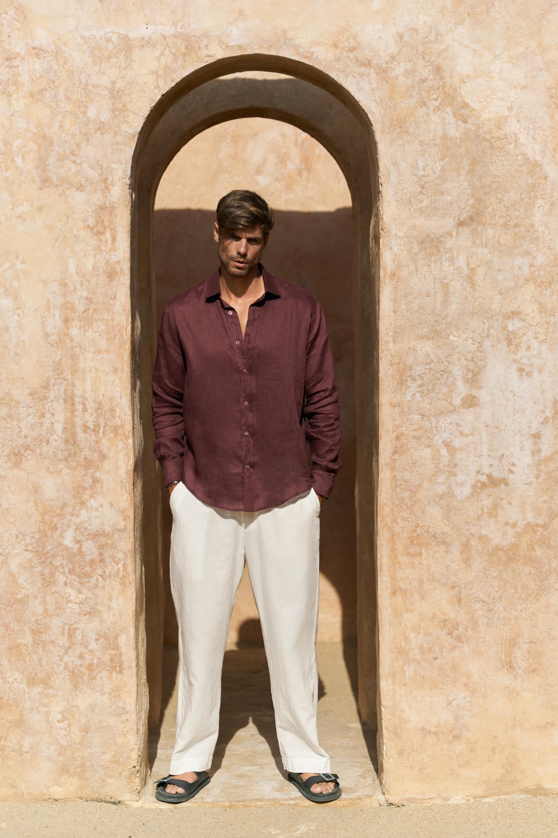 Agnola Oversize Erkek Bordo Keten Gömlek