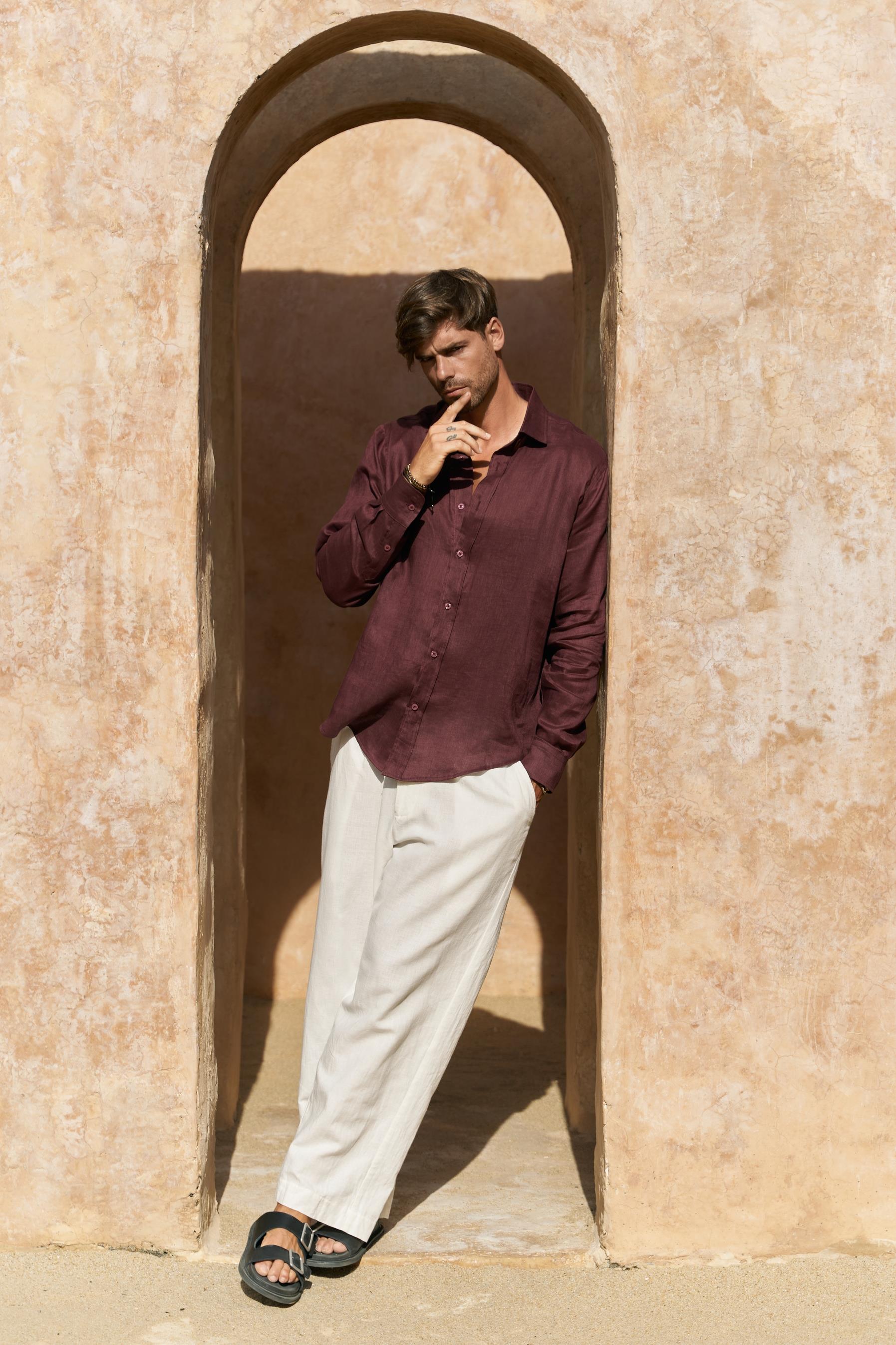 Agnola Oversize Erkek Bordo Keten Gömlek