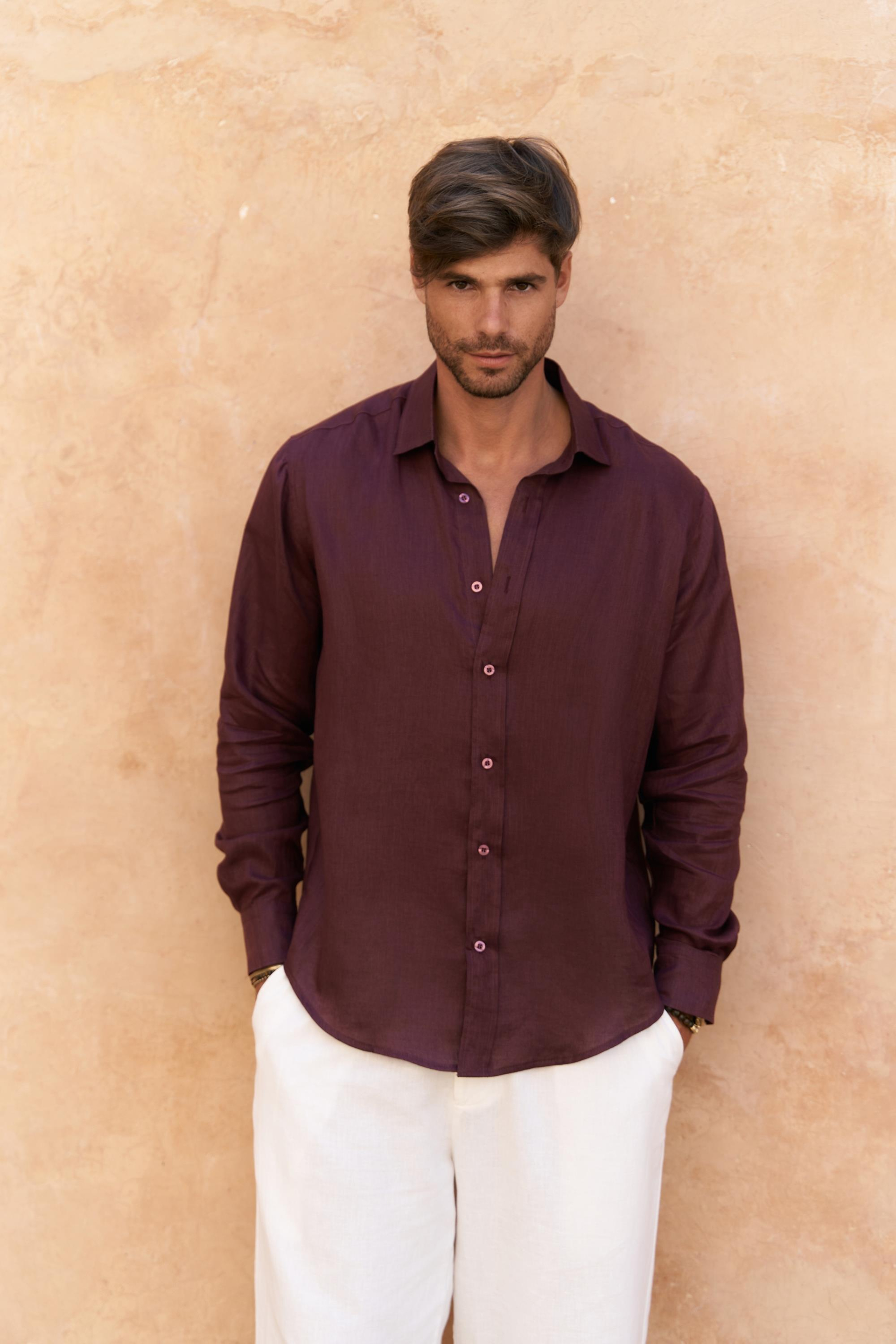 Agnola Oversize Erkek Bordo Keten Gömlek