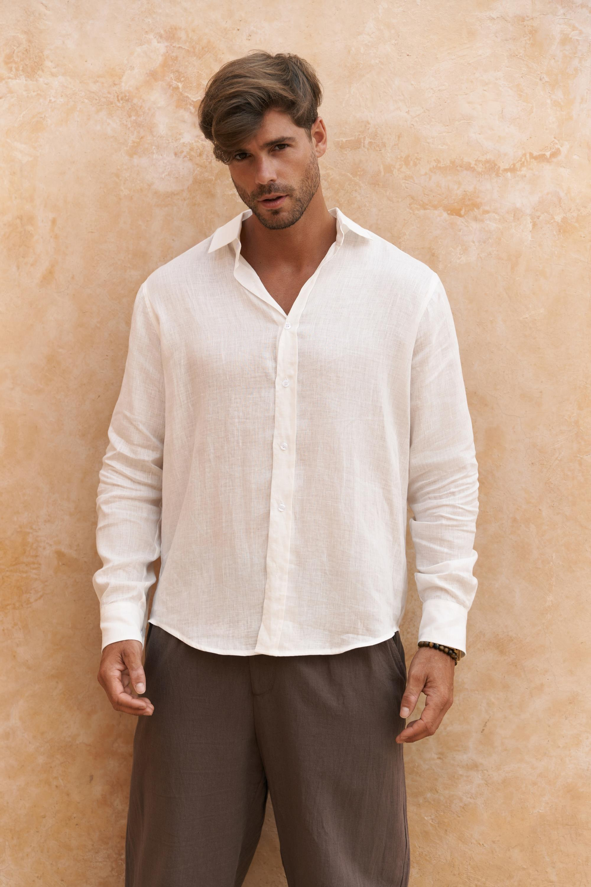 Agnola Oversize Erkek Ekru Keten Gömlek