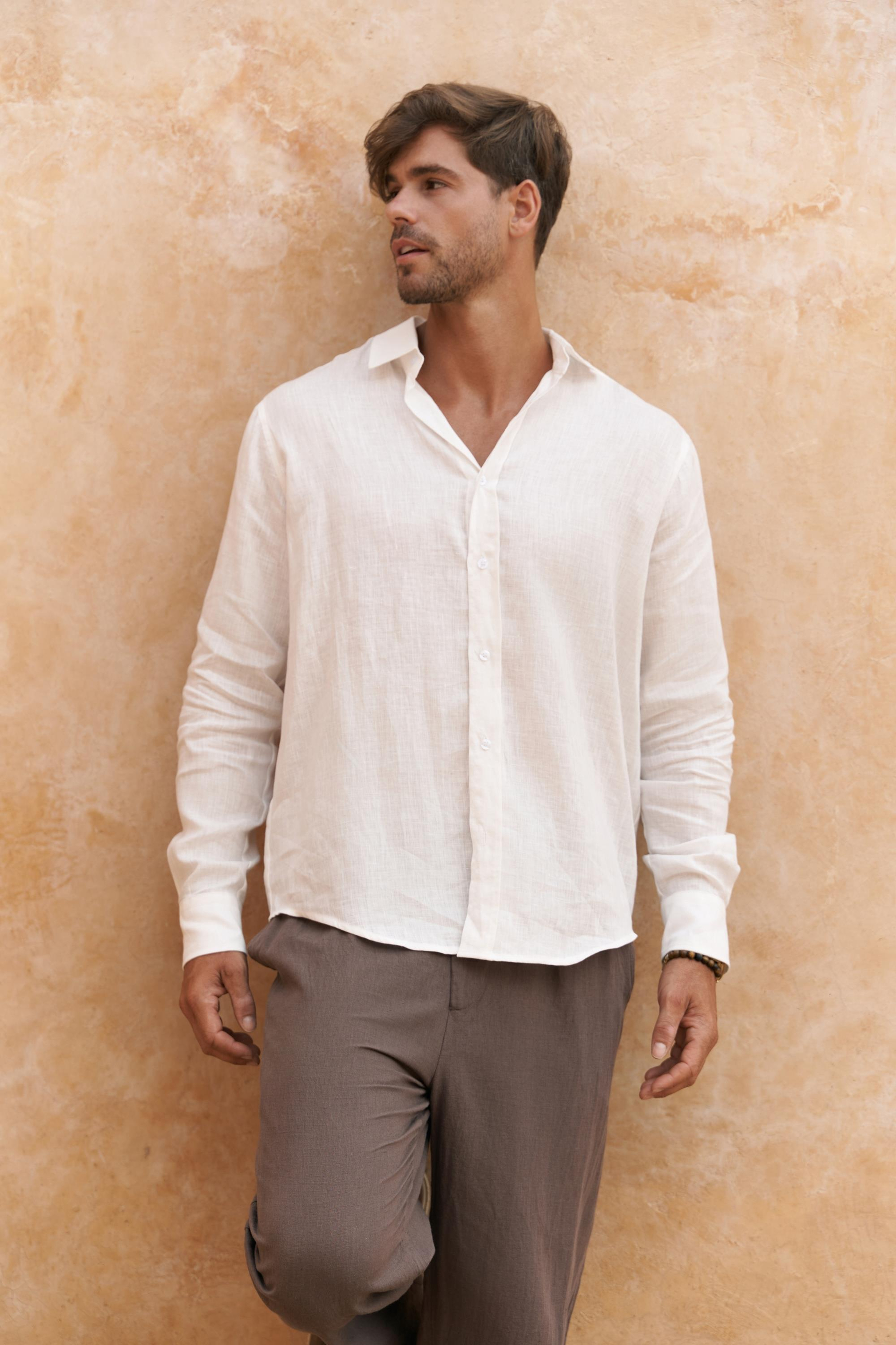 Agnola Oversize Erkek Ekru Keten Gömlek