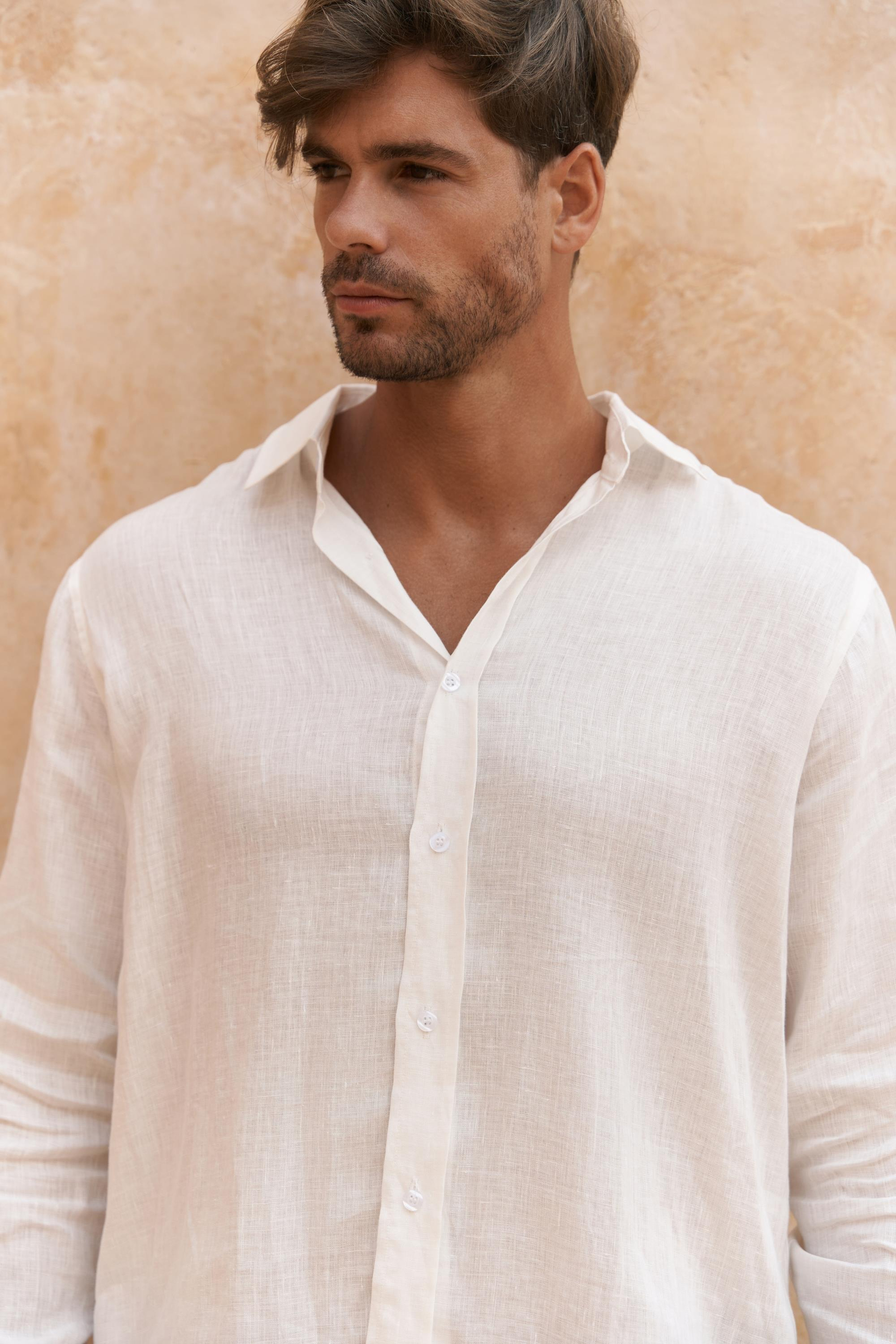 Agnola Oversize Erkek Ekru Keten Gömlek
