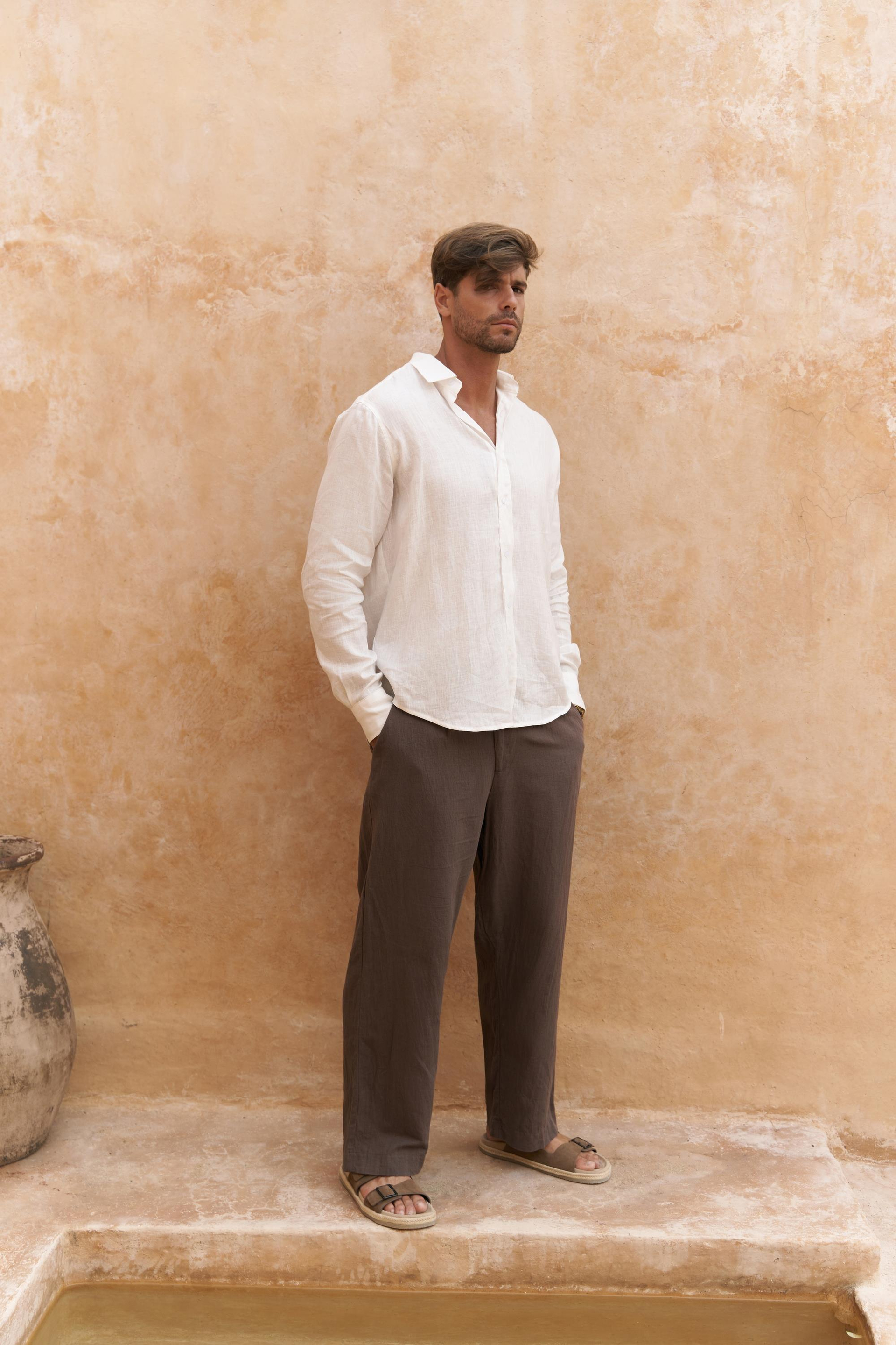 Agnola Oversize Erkek Ekru Keten Gömlek