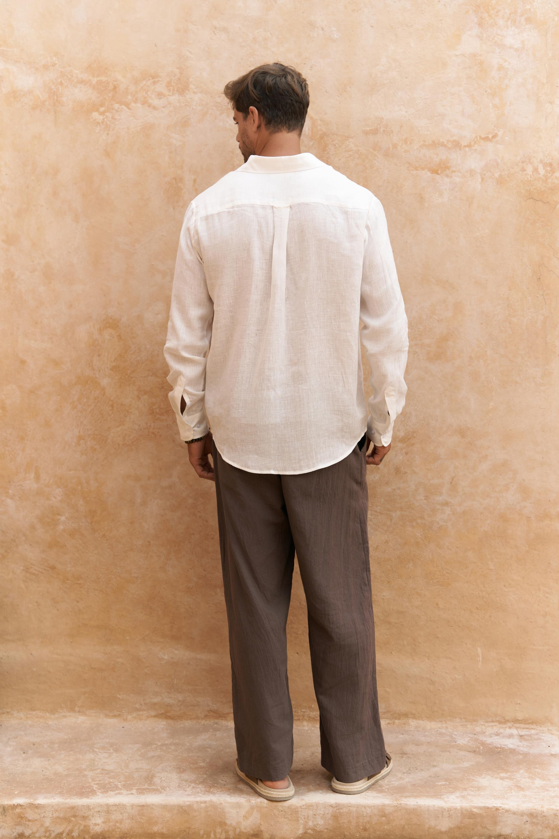 Agnola Oversize Erkek Ekru Keten Gömlek