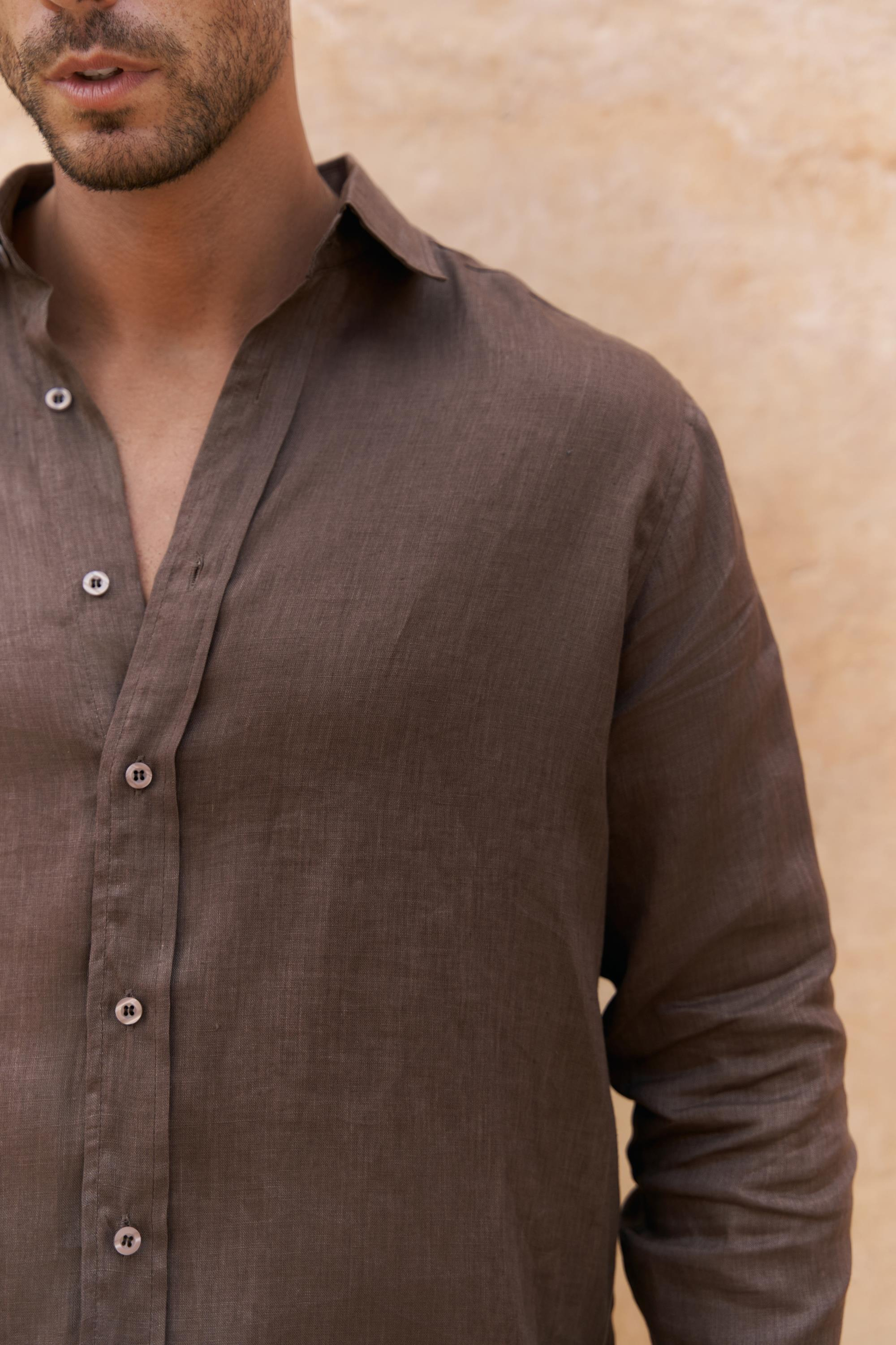 Agnola Oversize Erkek Kahve Keten Gömlek