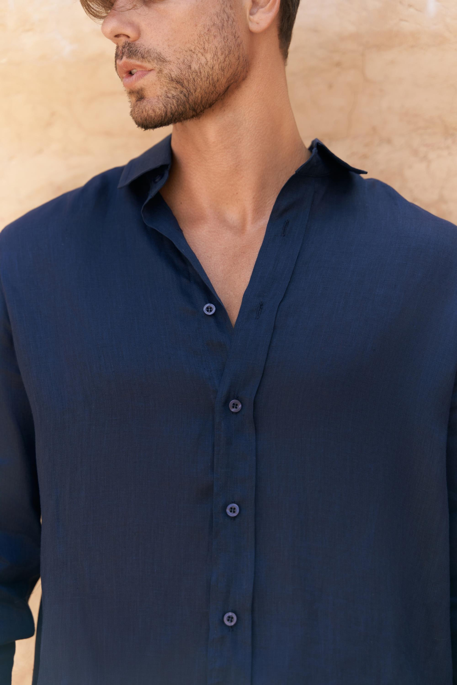 Agnola Oversize Erkek Lacivert Keten Gömlek