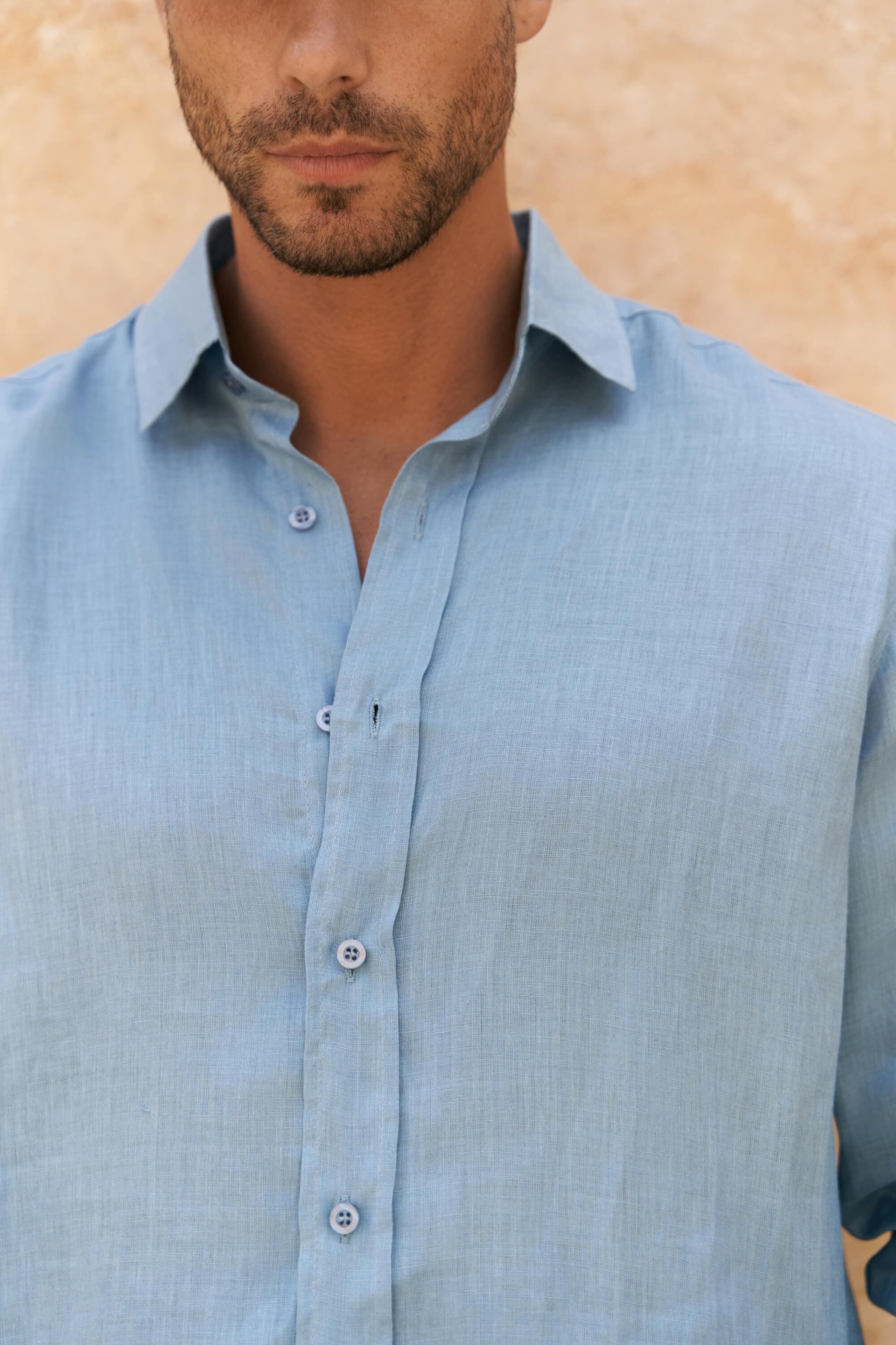 Agnola Oversize Erkek Mavi Keten Gömlek