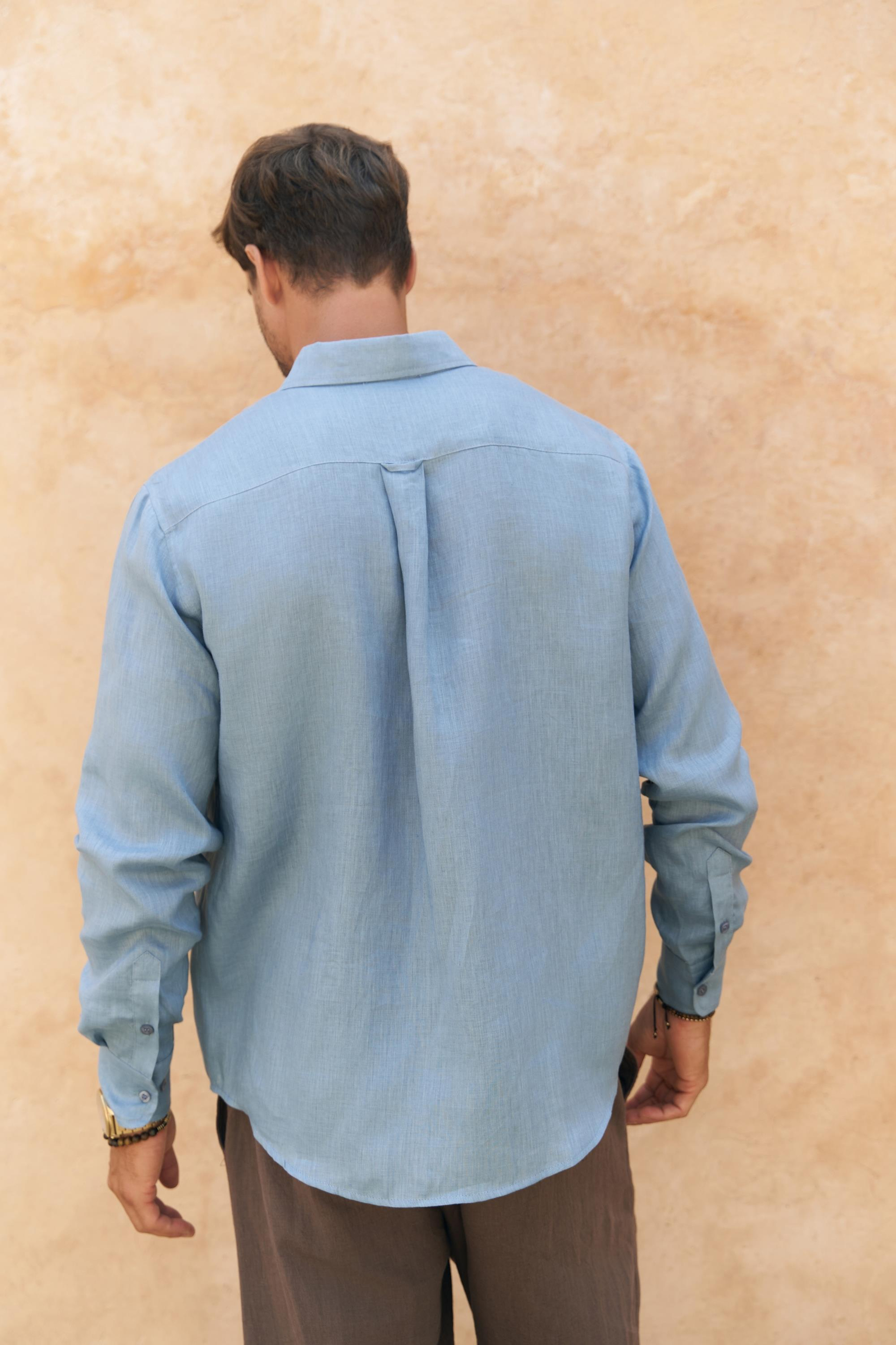 Agnola Oversize Erkek Mavi Keten Gömlek