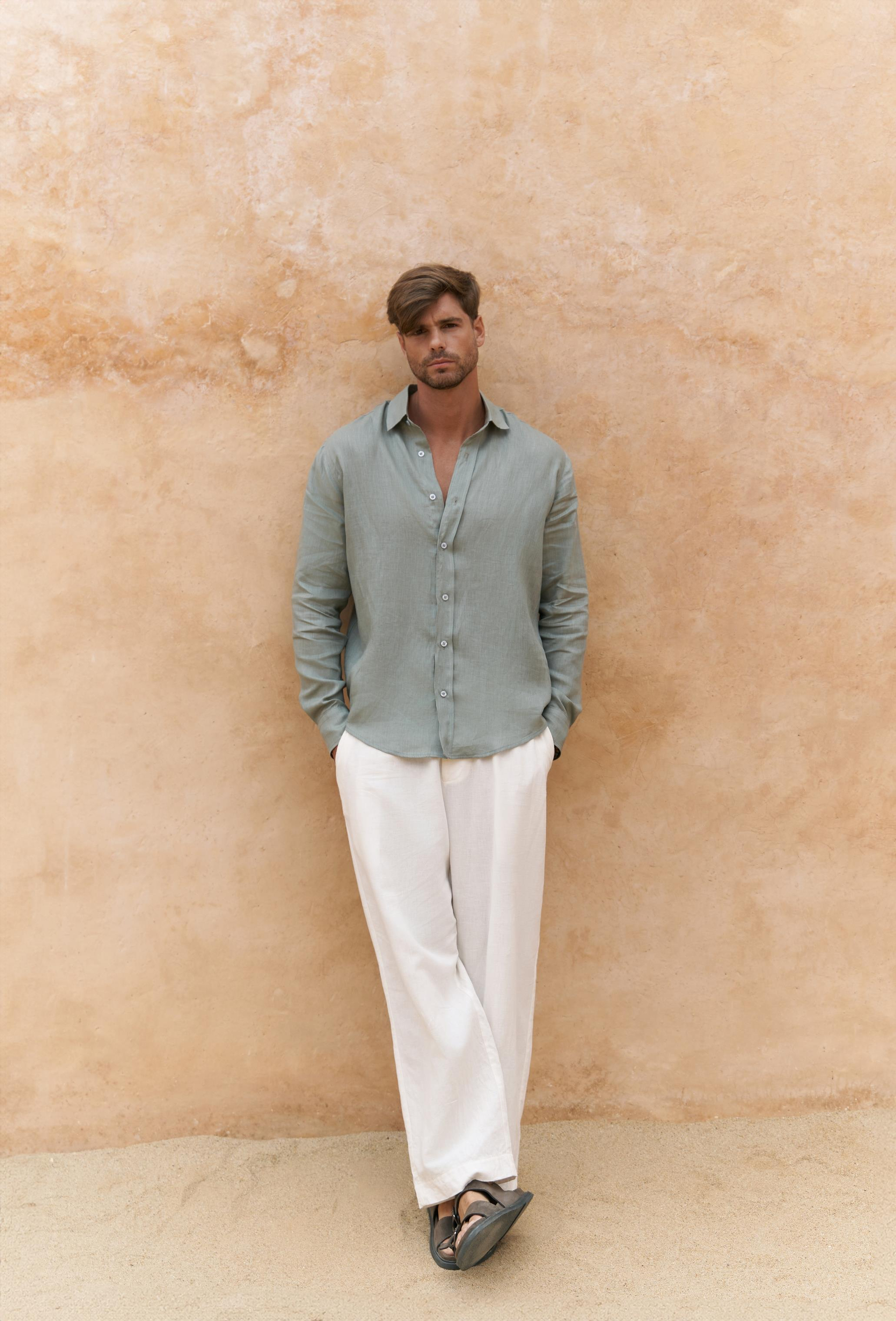 Agnola Oversize Erkek Mint Keten Gömlek