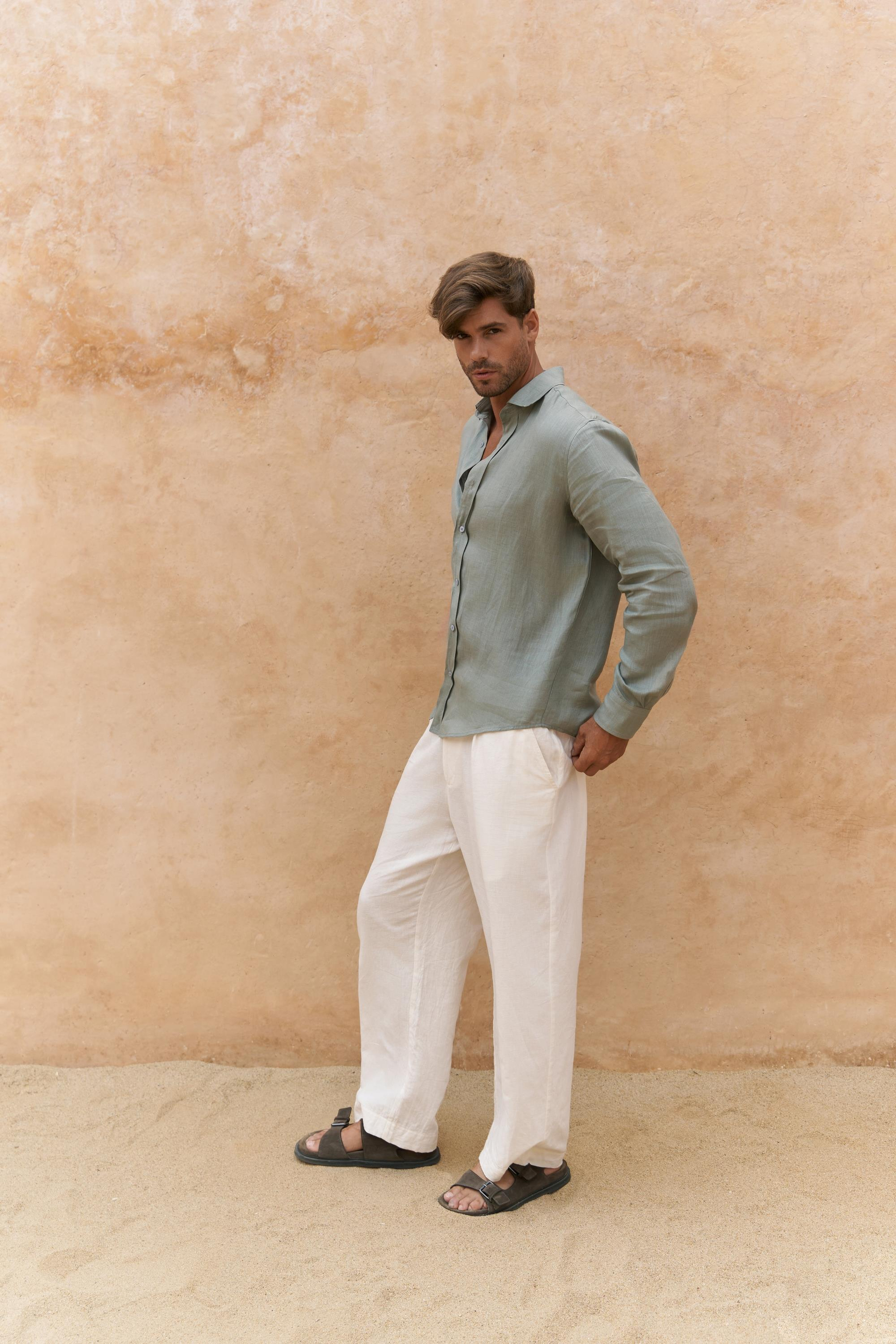 Agnola Oversize Erkek Mint Keten Gömlek