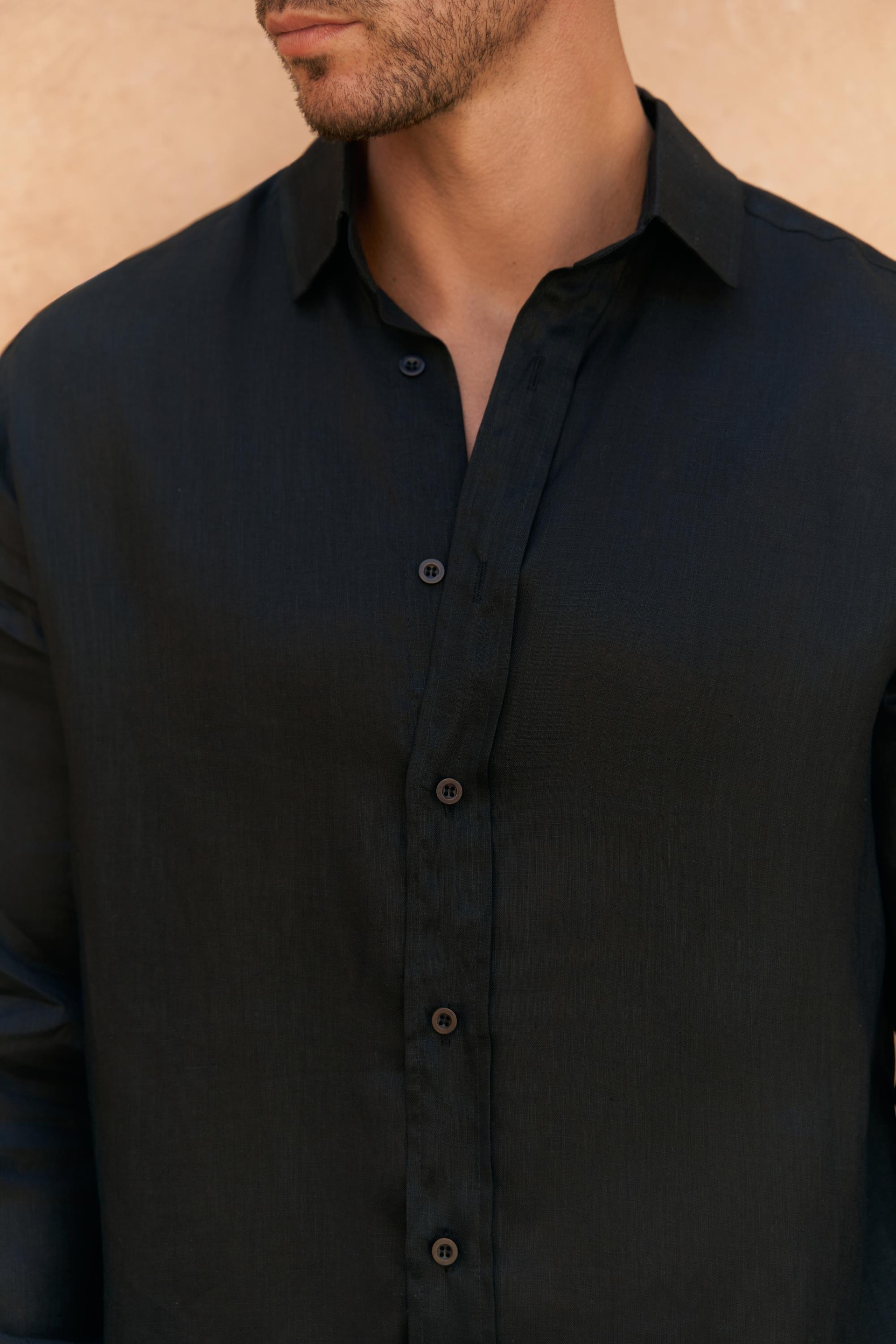 Agnola Oversize Erkek Siyah Keten Gömlek 