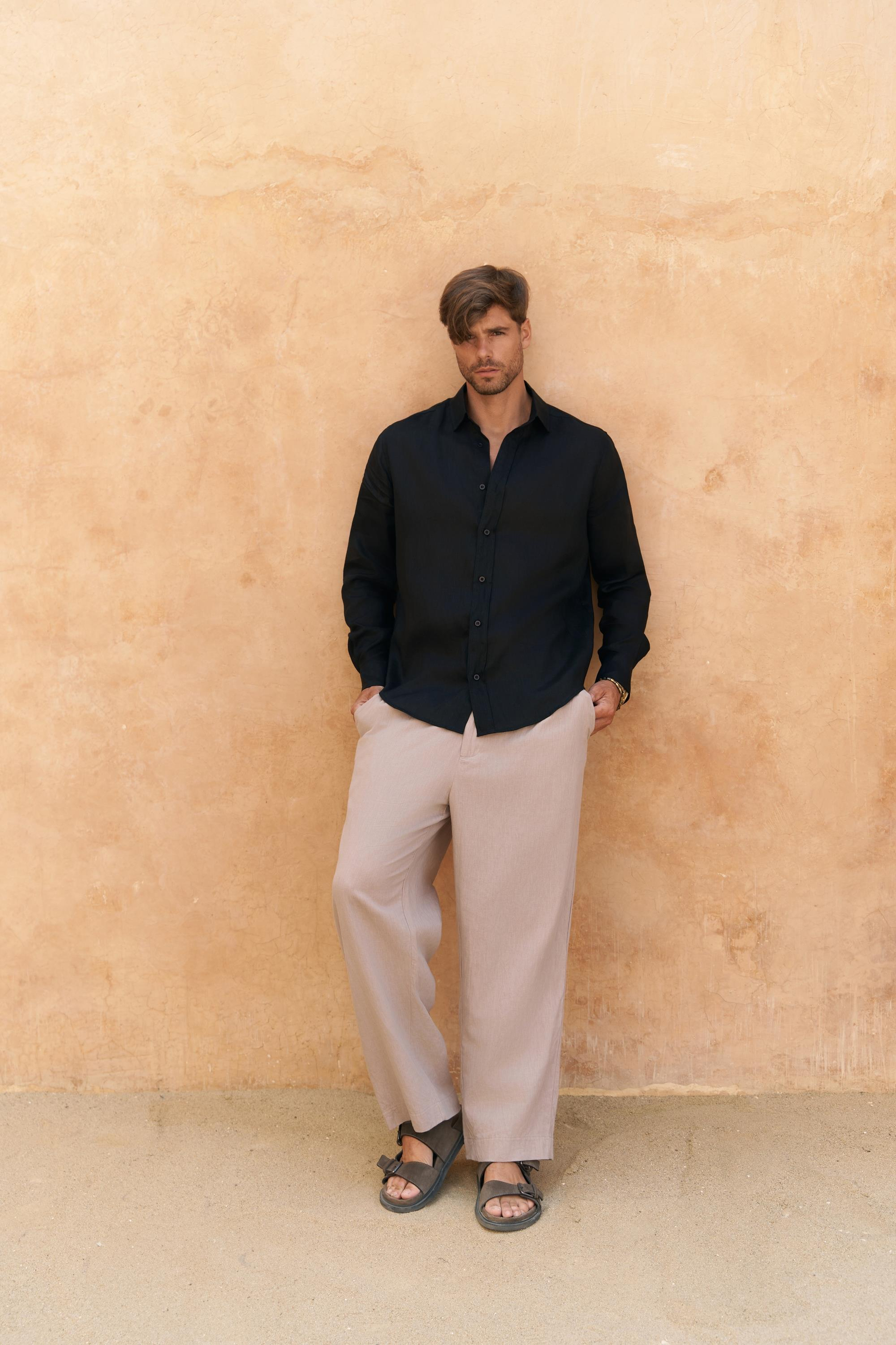 Agnola Oversize Erkek Siyah Keten Gömlek 