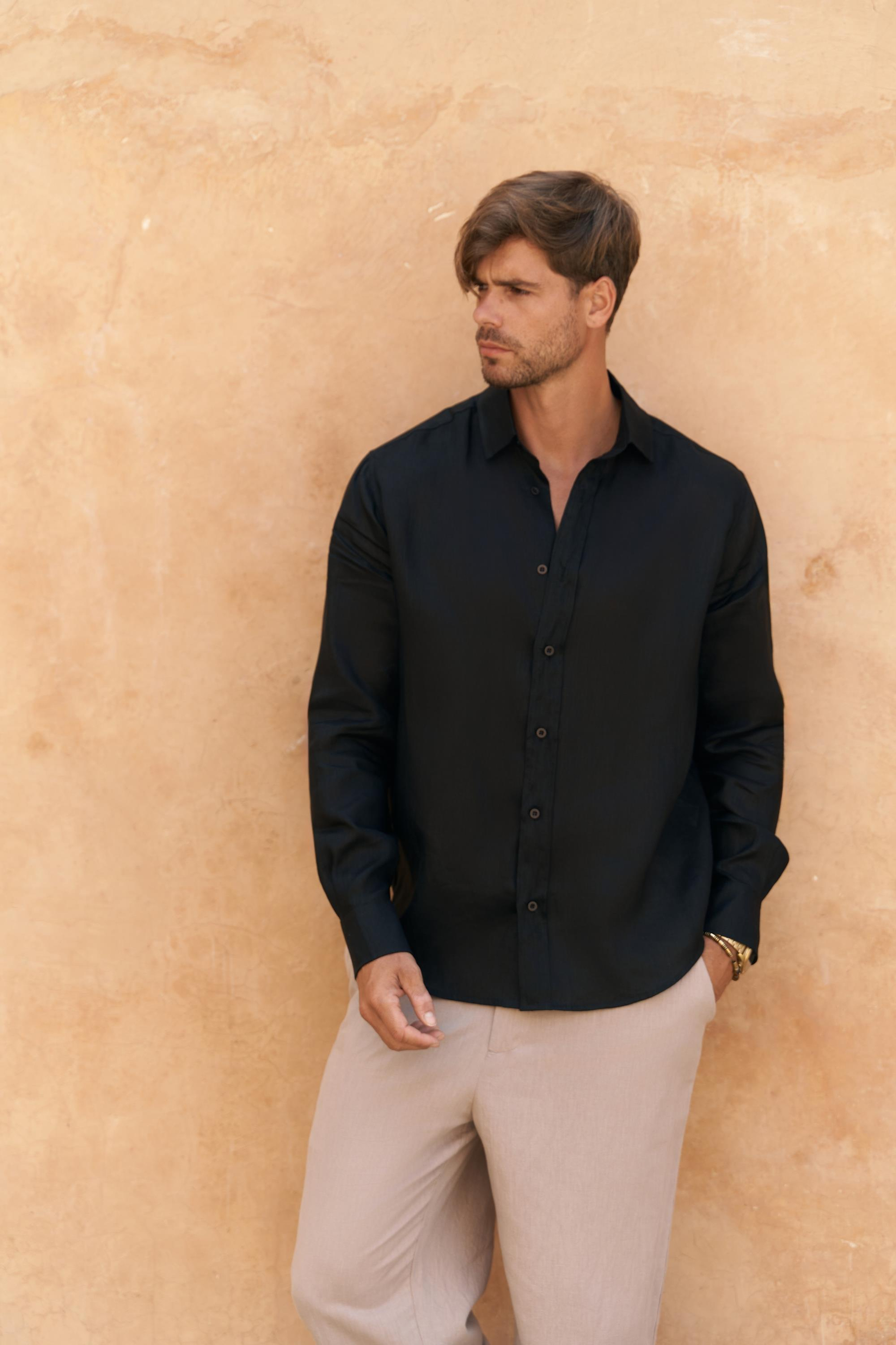 Agnola Oversize Erkek Siyah Keten Gömlek 