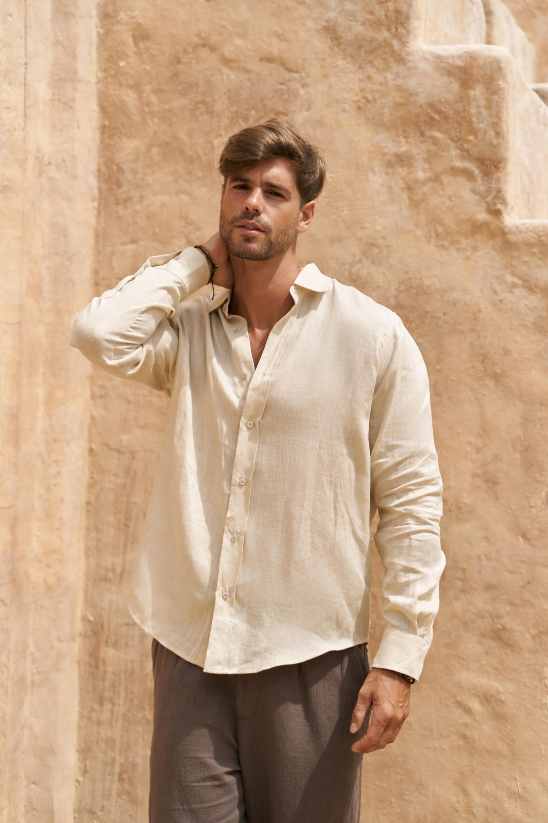 Agnola Oversize Erkek Taş Keten Gömlek