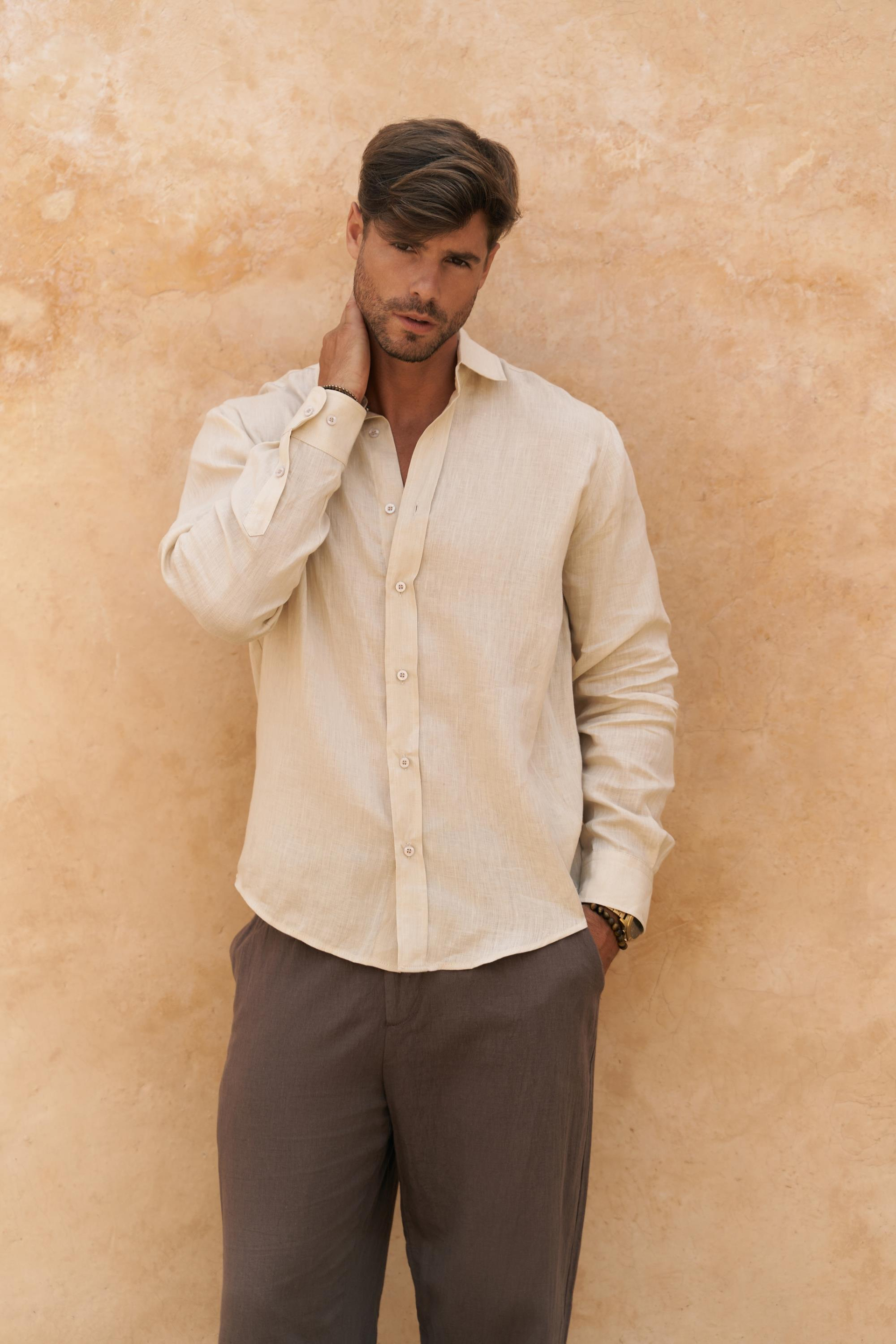 Agnola Oversize Erkek Taş Keten Gömlek