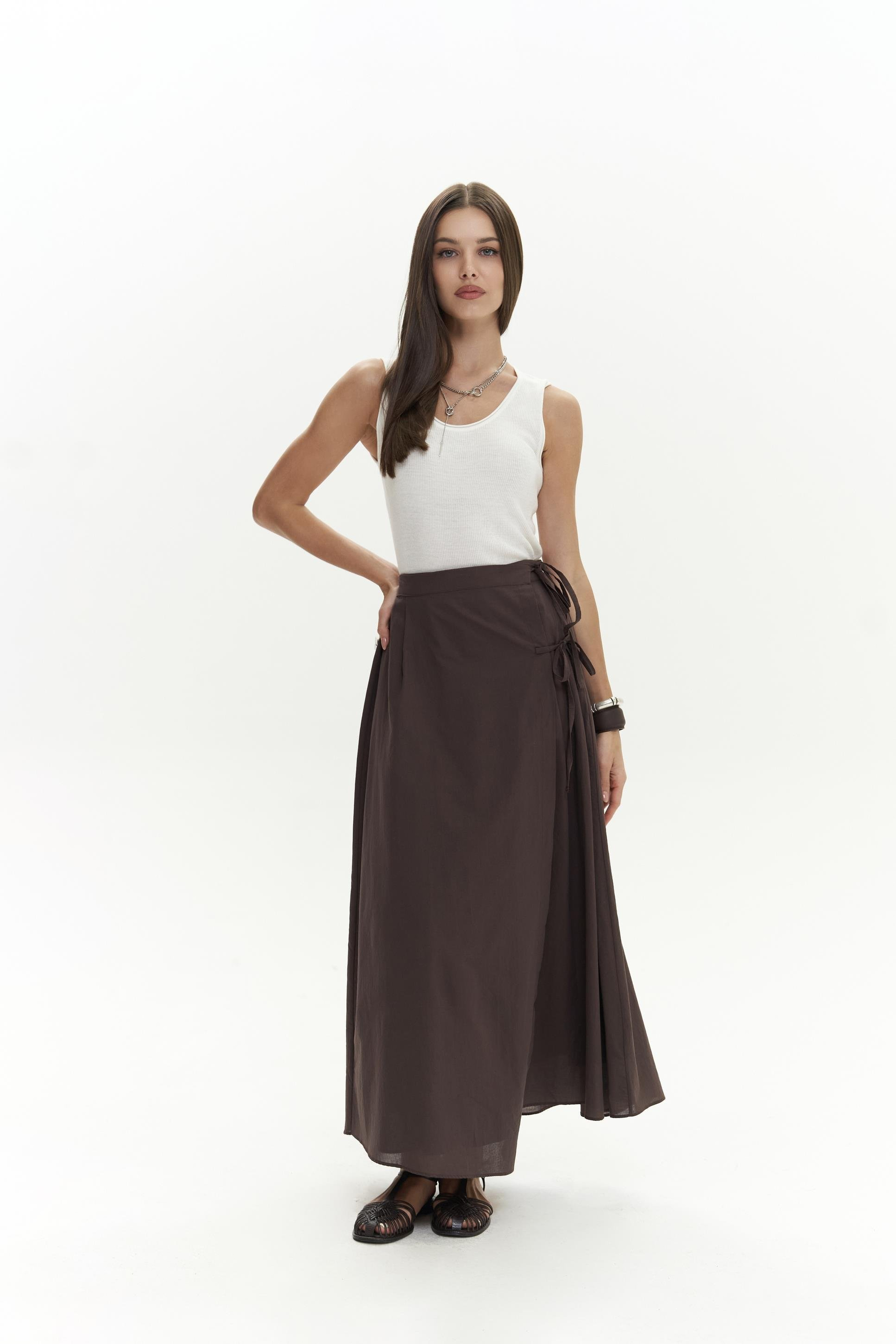 Aida İp Detay Pileli Kahve Etek