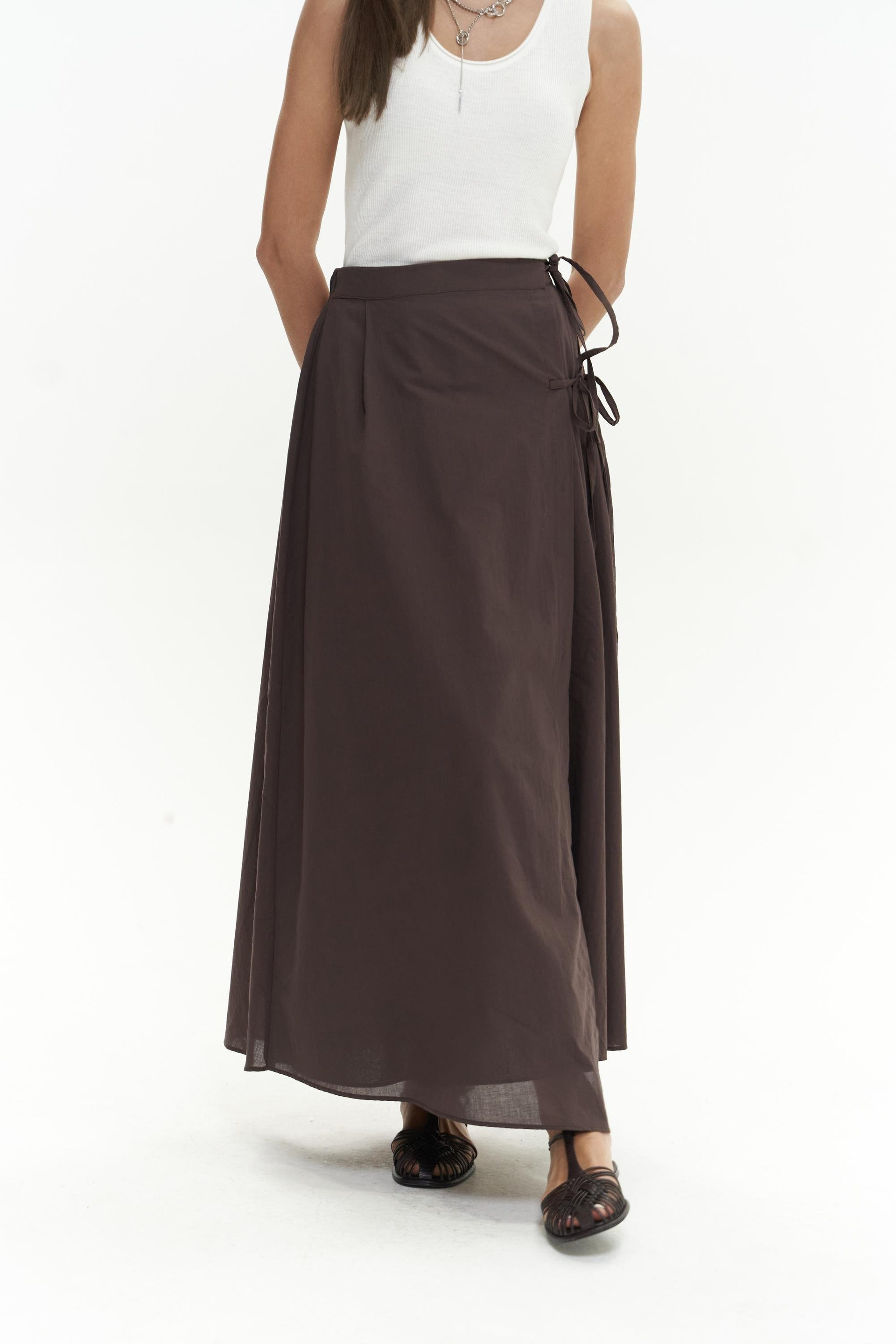 Aida İp Detay Pileli Kahve Etek