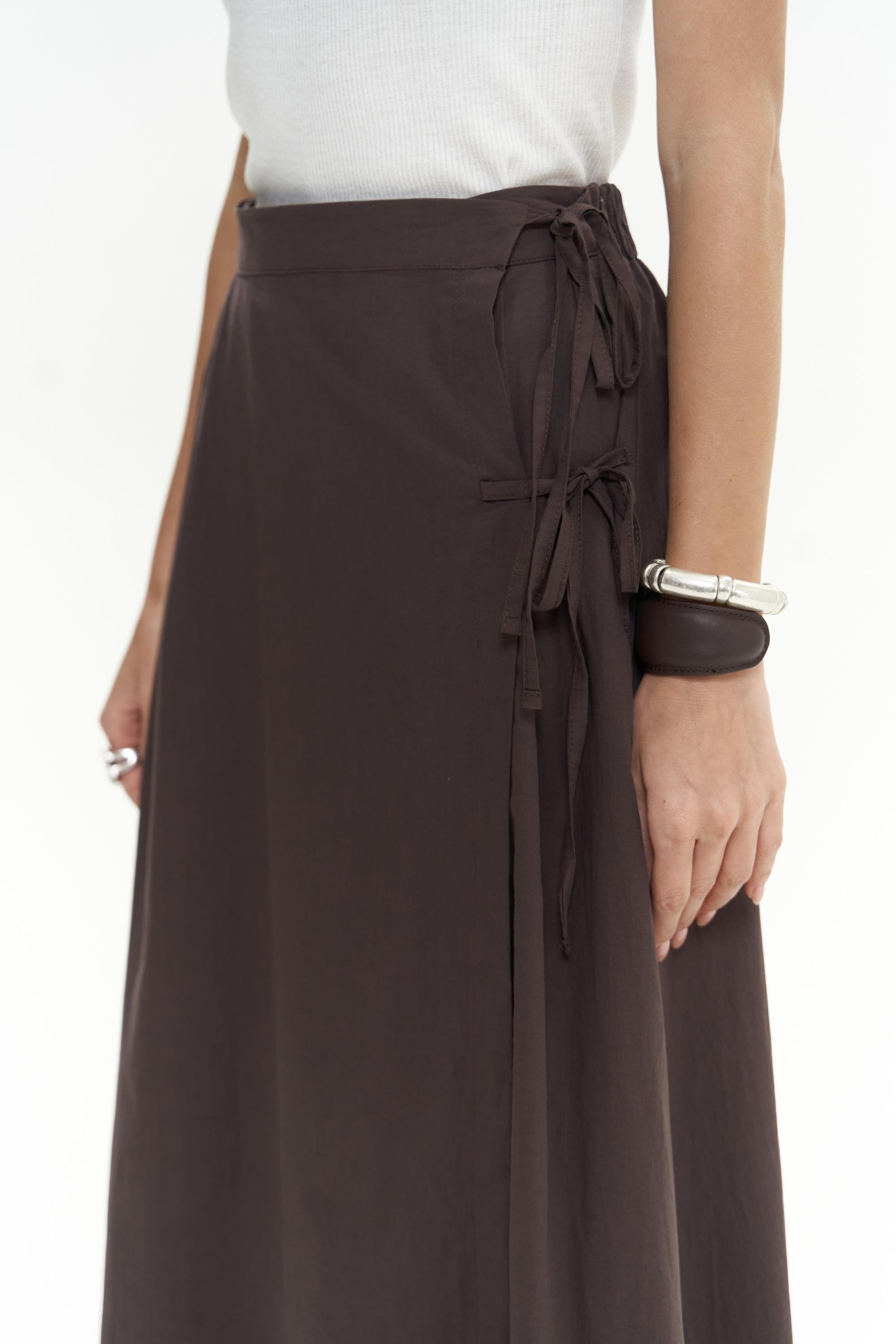 Aida İp Detay Pileli Kahve Etek