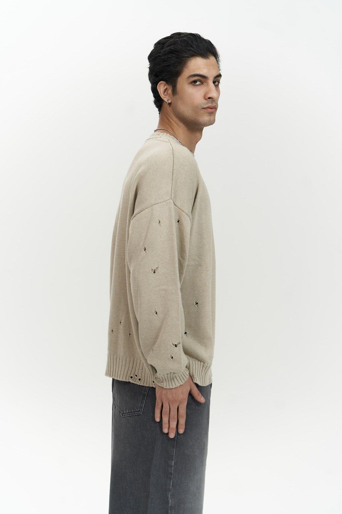 Alec Fitilli Yırtık Detay Bej Erkek Triko Kazak