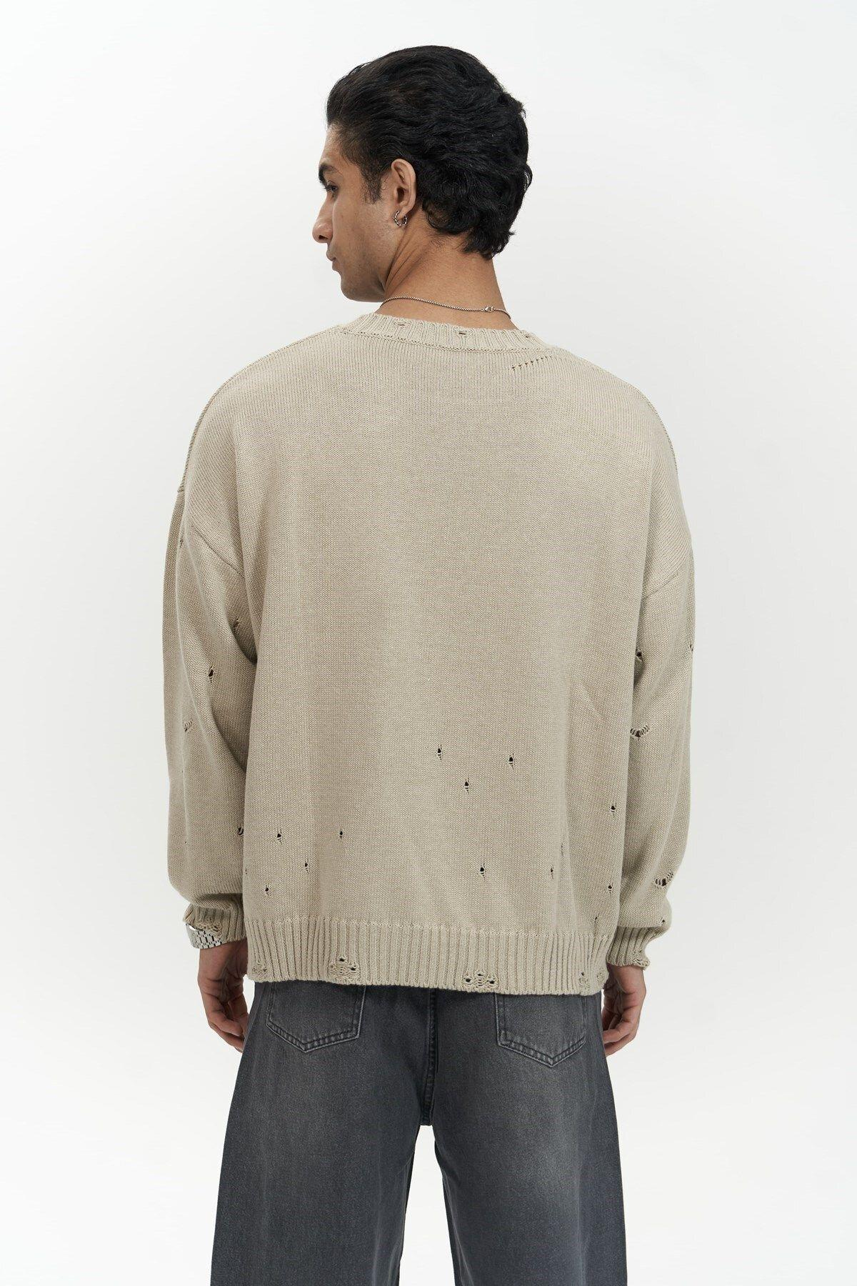 Alec Fitilli Yırtık Detay Bej Erkek Triko Kazak