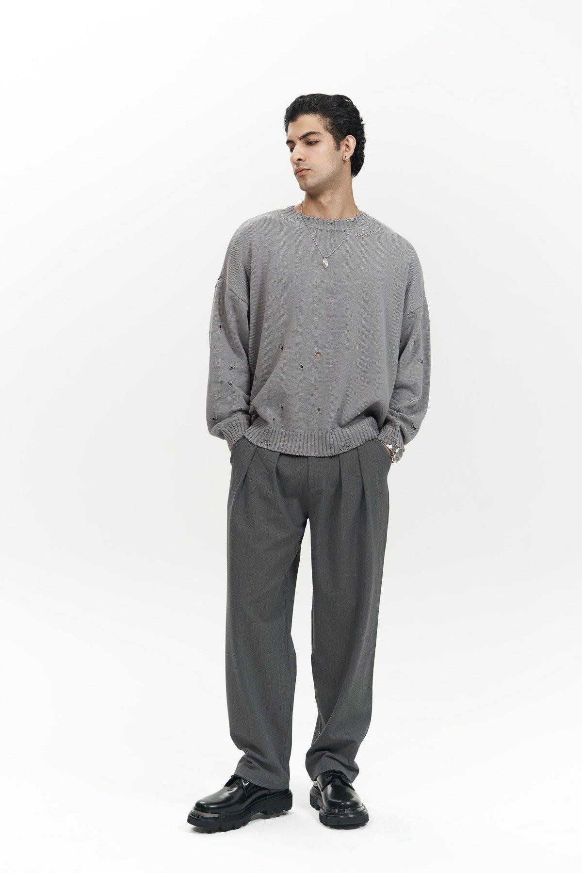 Alec Men's Dark Gray Ribbed Knit Sweater with Distressed Details