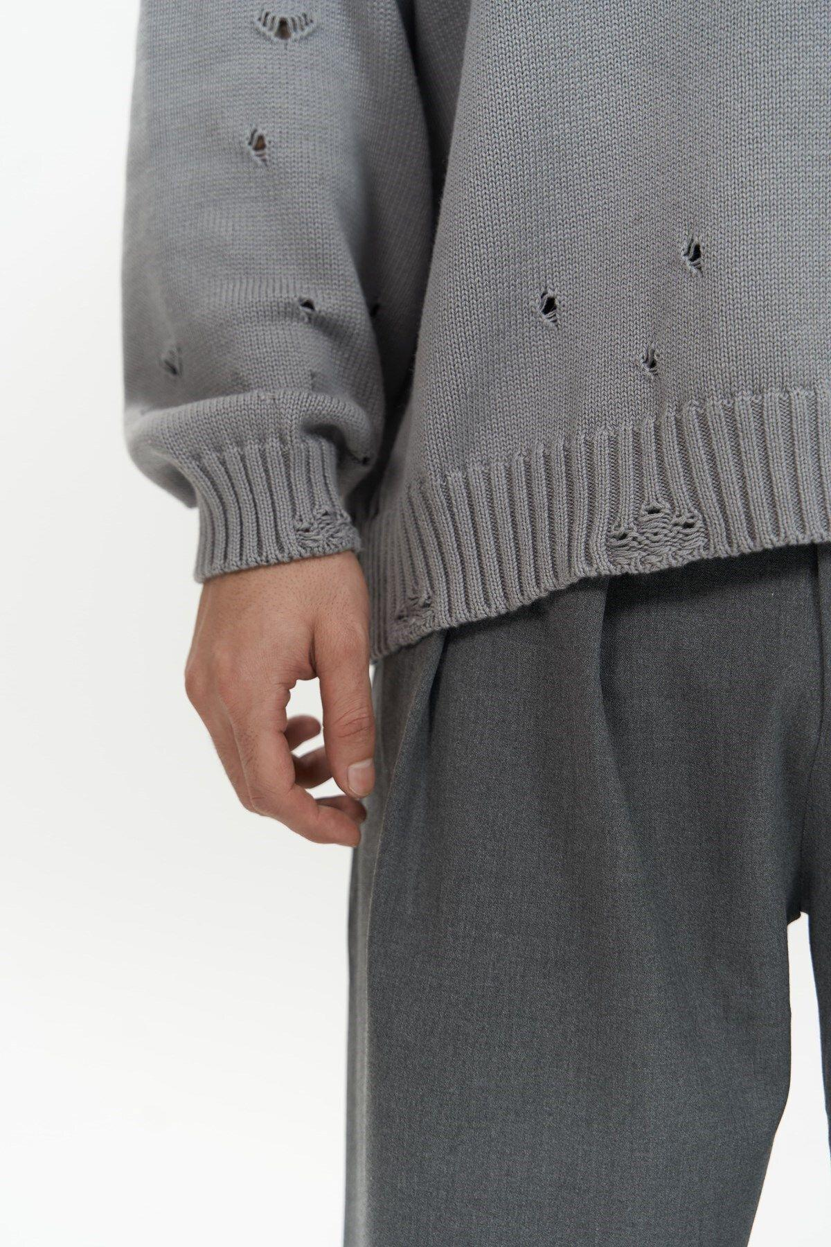 Alec Men's Dark Gray Ribbed Knit Sweater with Distressed Details