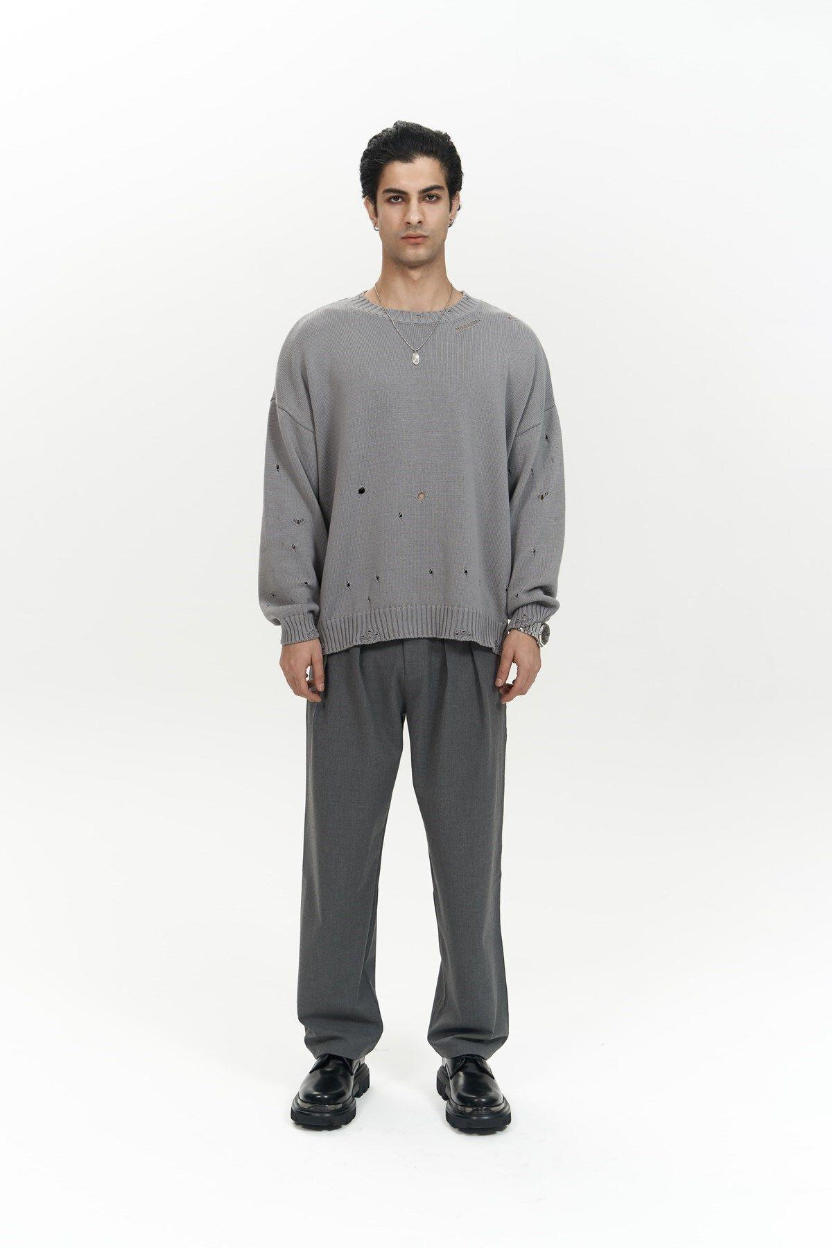 Alec Men's Dark Gray Ribbed Knit Sweater with Distressed Details