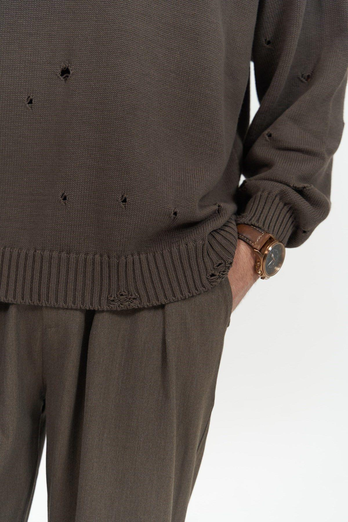 Alec Men's Brown Ribbed Knit Sweater with Distressed Details