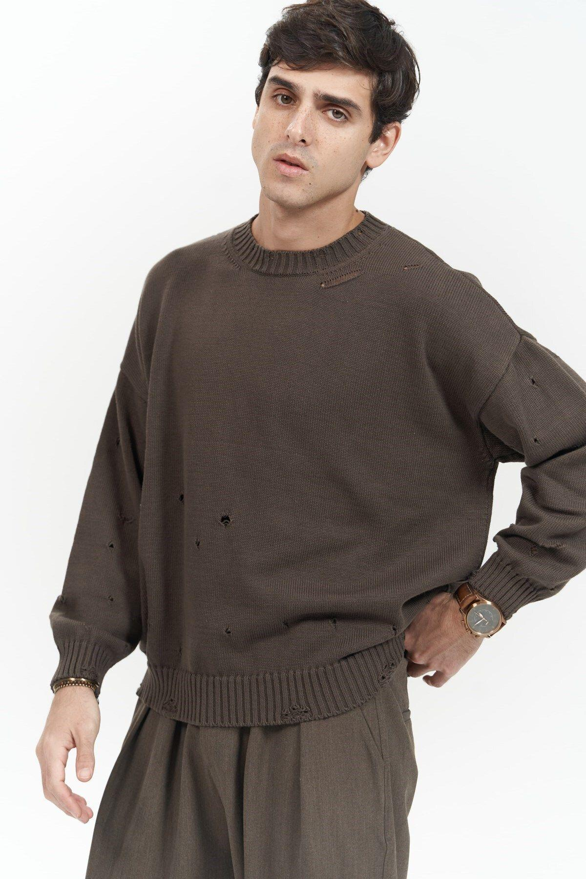 Alec Men's Brown Ribbed Knit Sweater with Distressed Details
