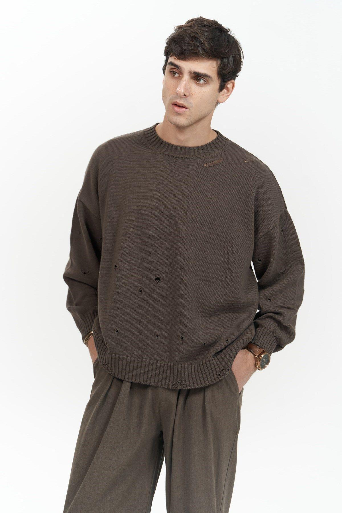 Alec Men's Brown Ribbed Knit Sweater with Distressed Details