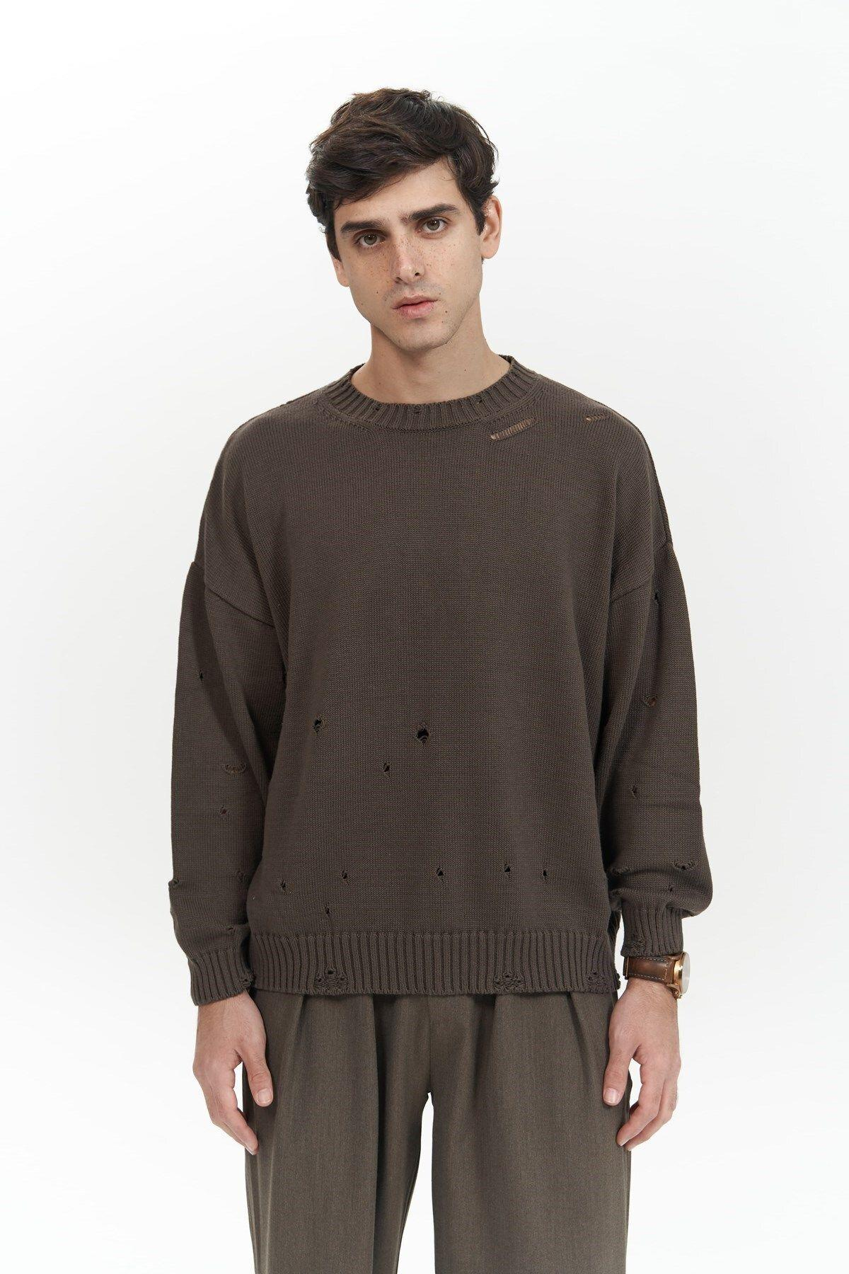 Alec Men's Brown Ribbed Knit Sweater with Distressed Details