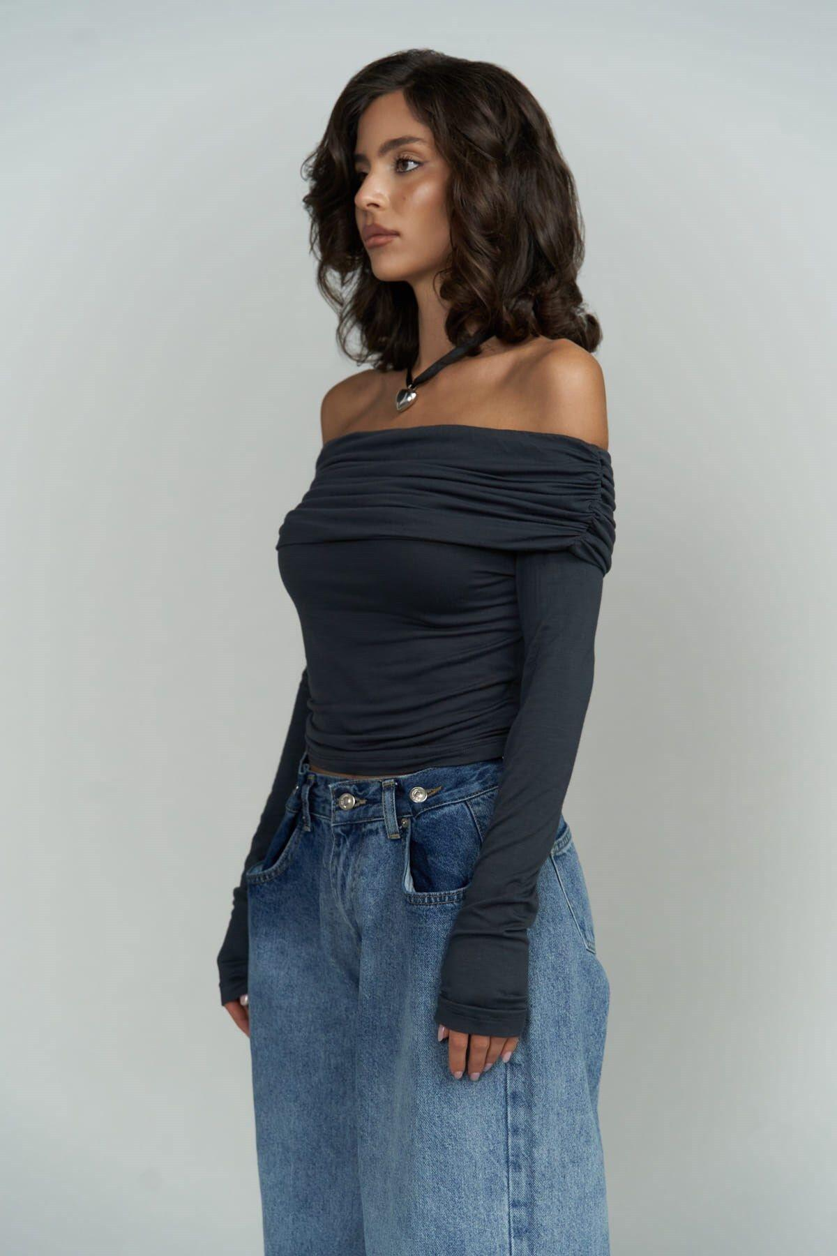 Alonzo Carmen Yaka Uzun Kollu Antrasit Bluz